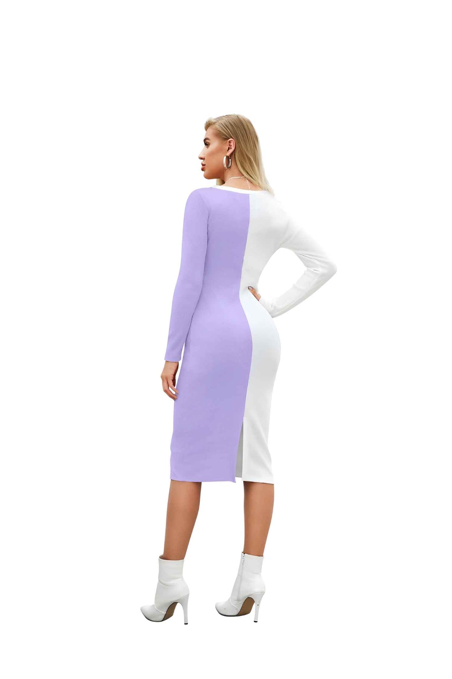 Back View - Purple and White Full Sleeve Dress Without Background