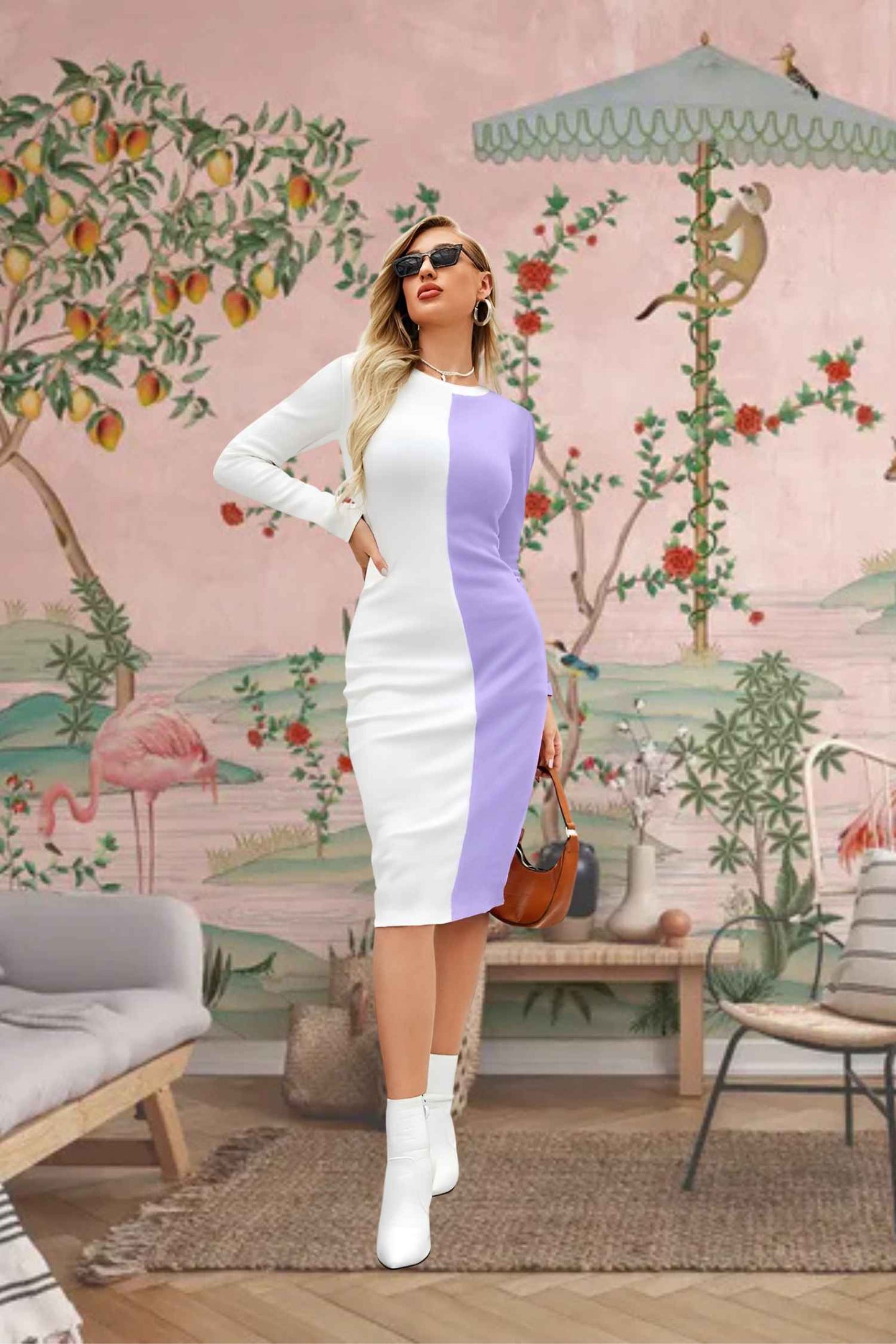 Front View of Dusk & Drape - Purple and White Full Sleeve Dress