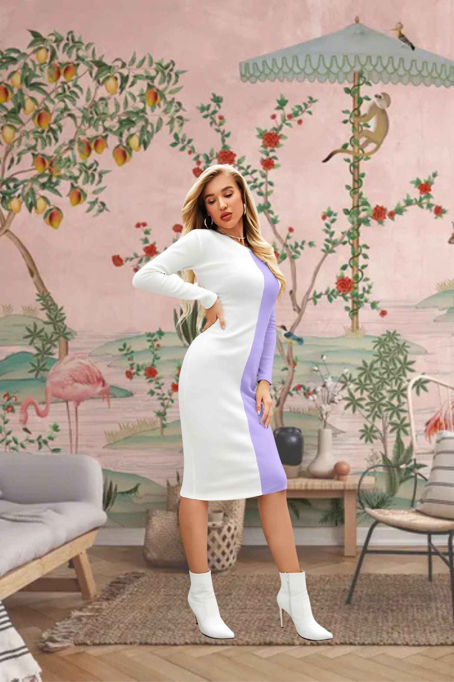 Side View of Dusk & Drape - Round Neck Purple White Stretch Dress