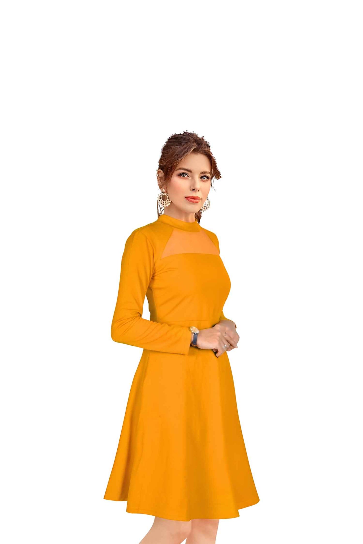 Golden Hour Glimmer Angled View - Yellow Full Sleeve Dress No Background