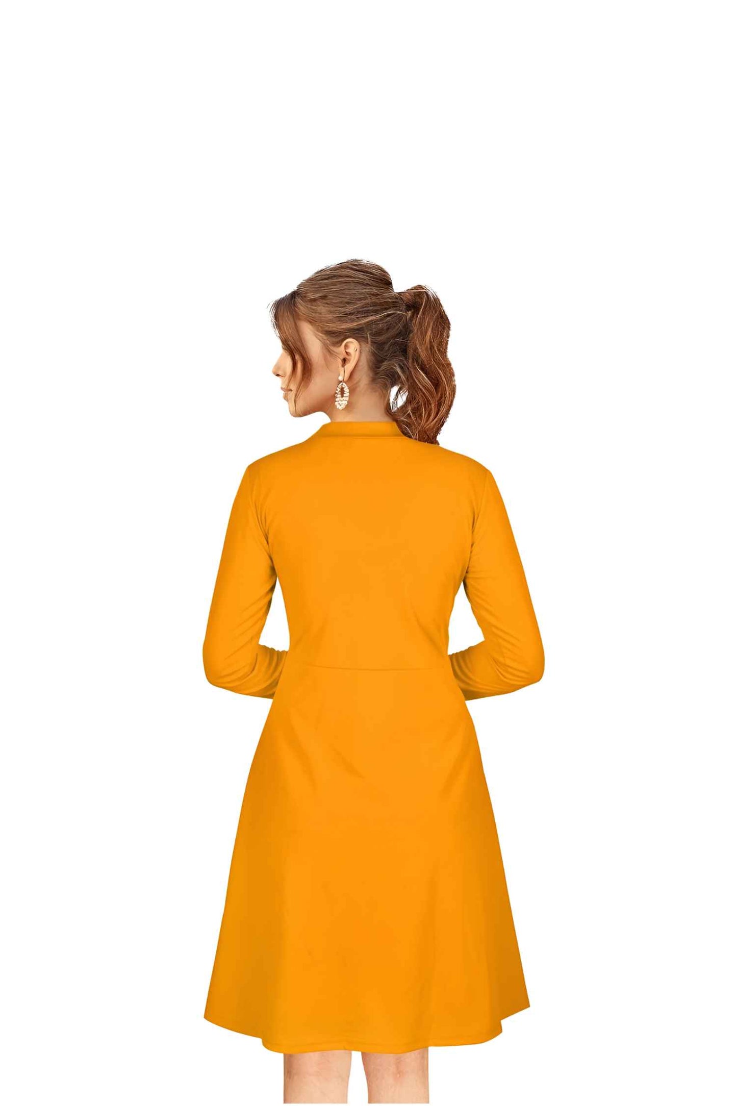 Golden Hour Glimmer Back View - Yellow Full Sleeve Dress No Background