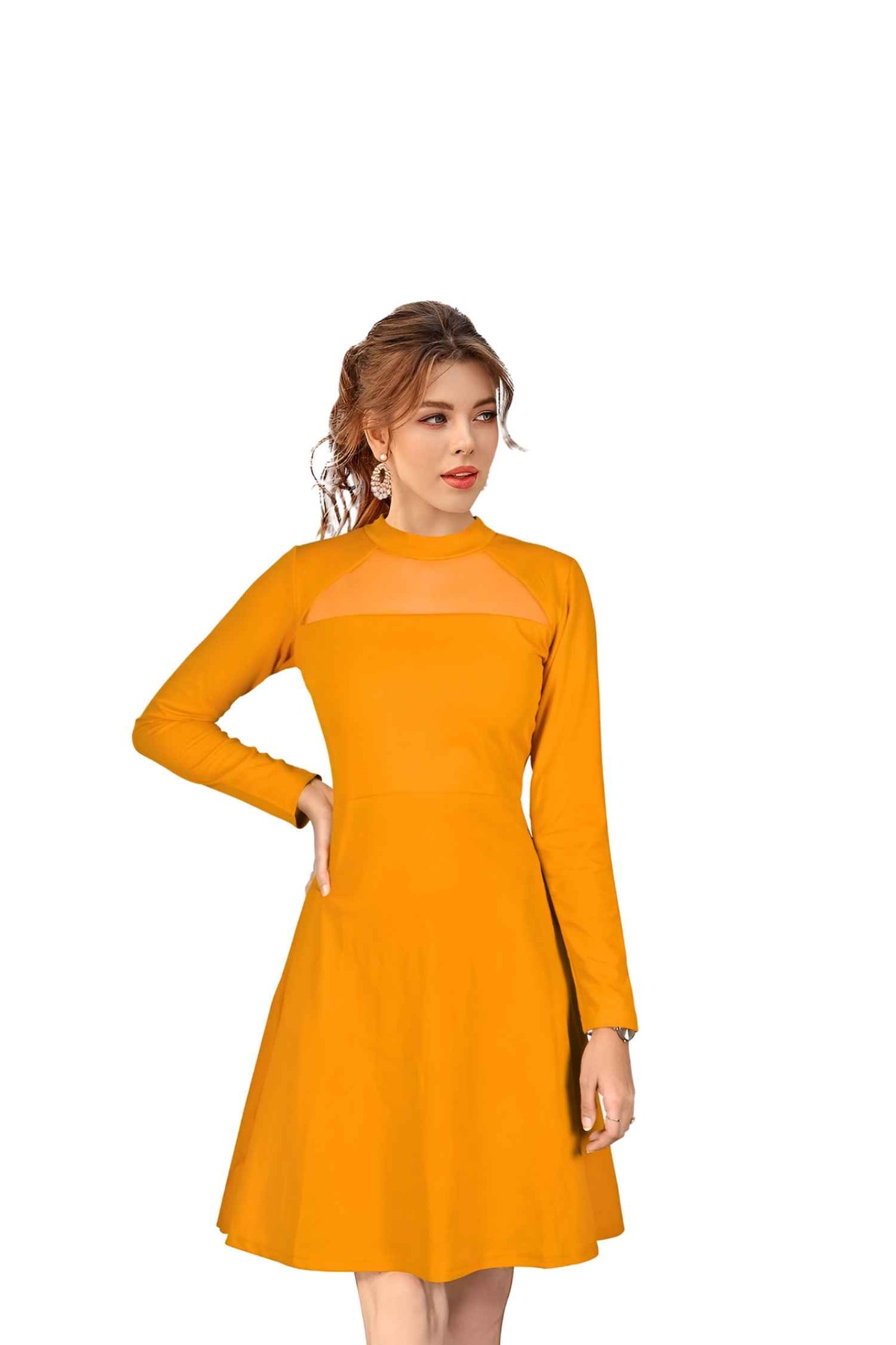 Golden Hour Glimmer Front View - Yellow Full Sleeve Dress No Background