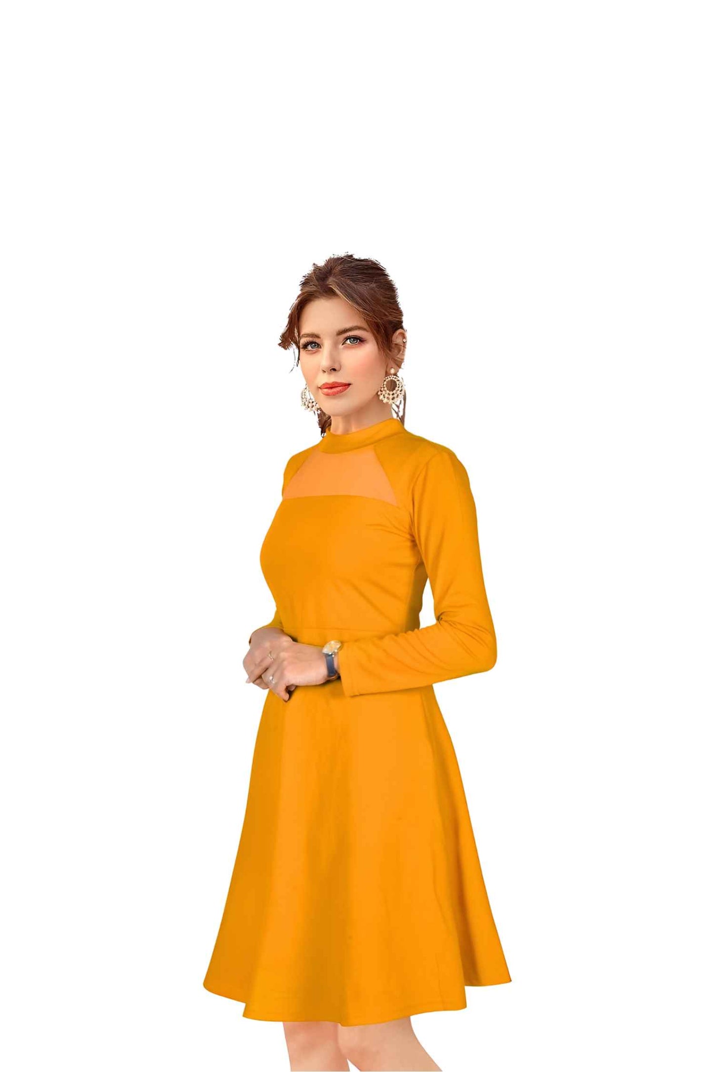 Golden Hour Glimmer Side View - Yellow Full Sleeve Dress No Background