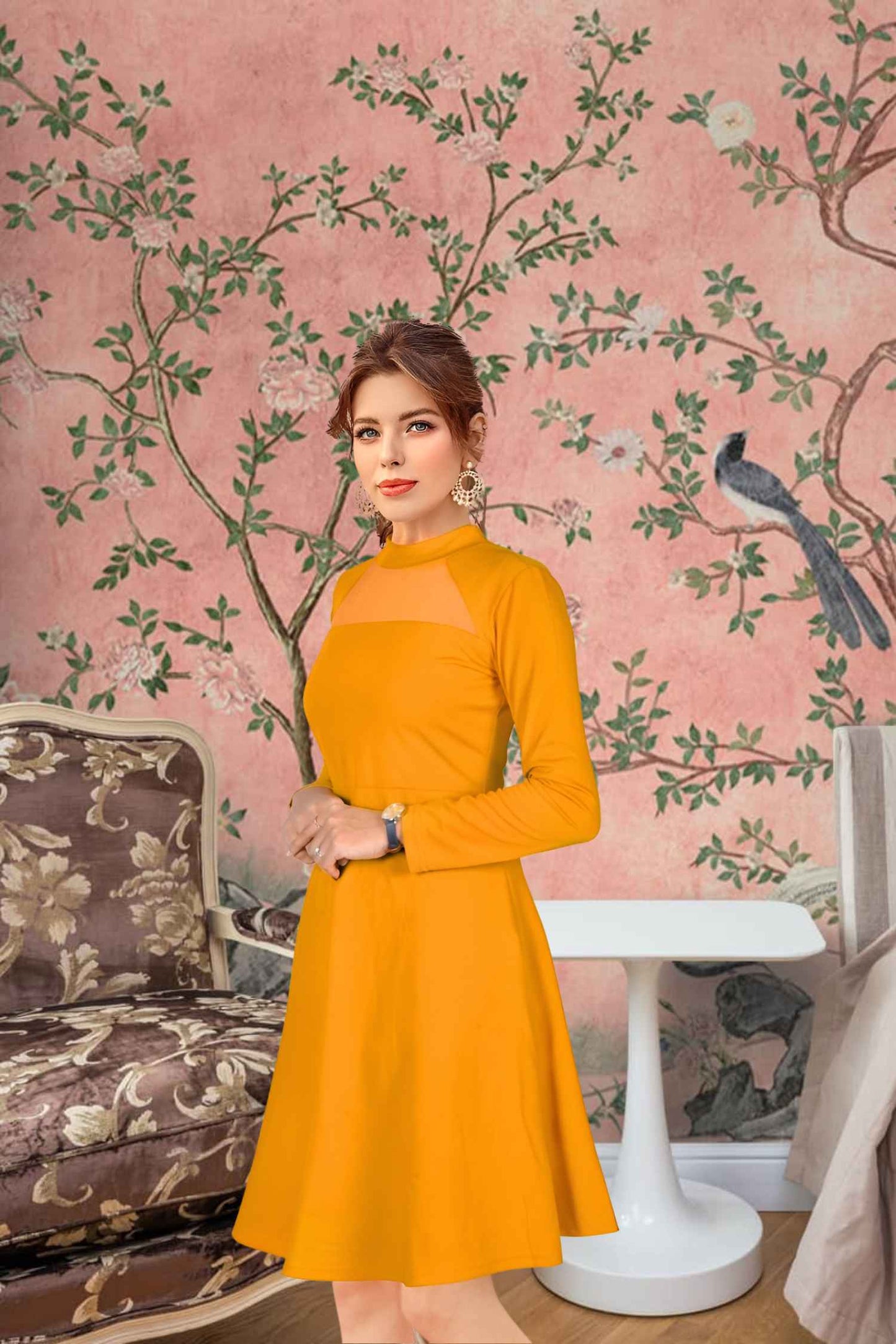 Golden Hour Glimmer Side View - Yellow Full Sleeve Dress