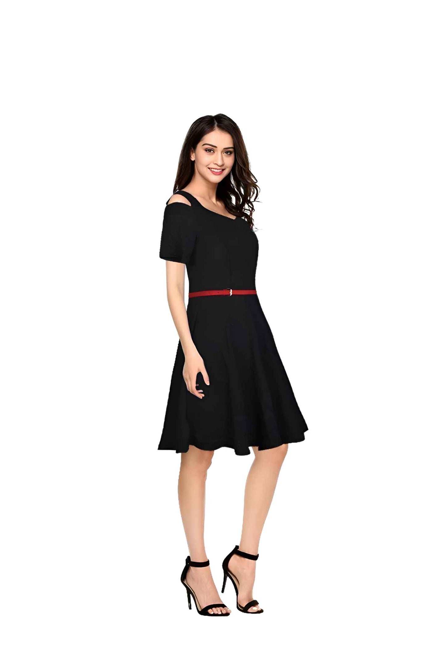 Midnight Afterglow Angled View - Black Cap Sleeve Dress No Background