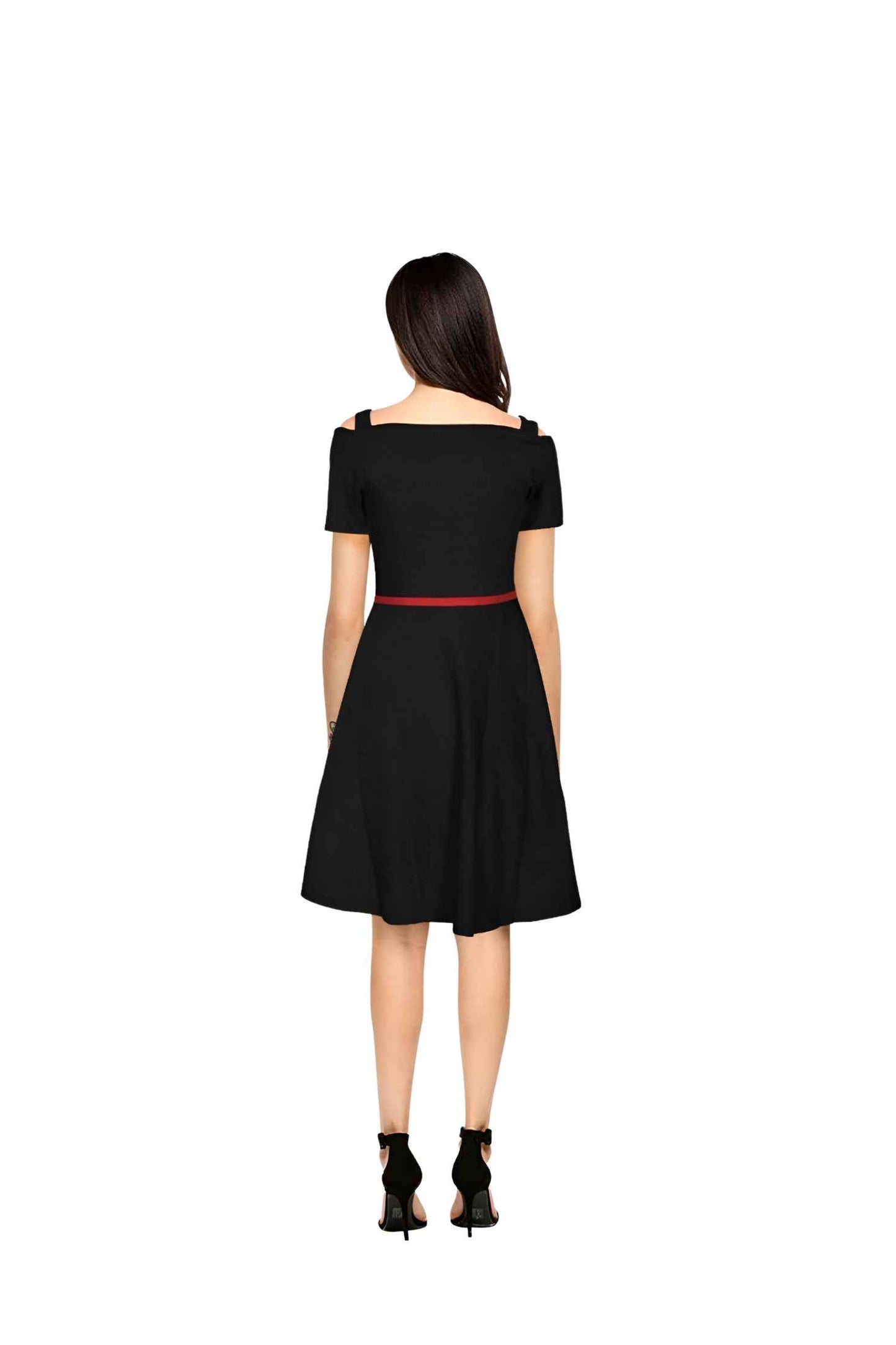 Midnight Afterglow Back View - Black Cap Sleeve Dress No Background