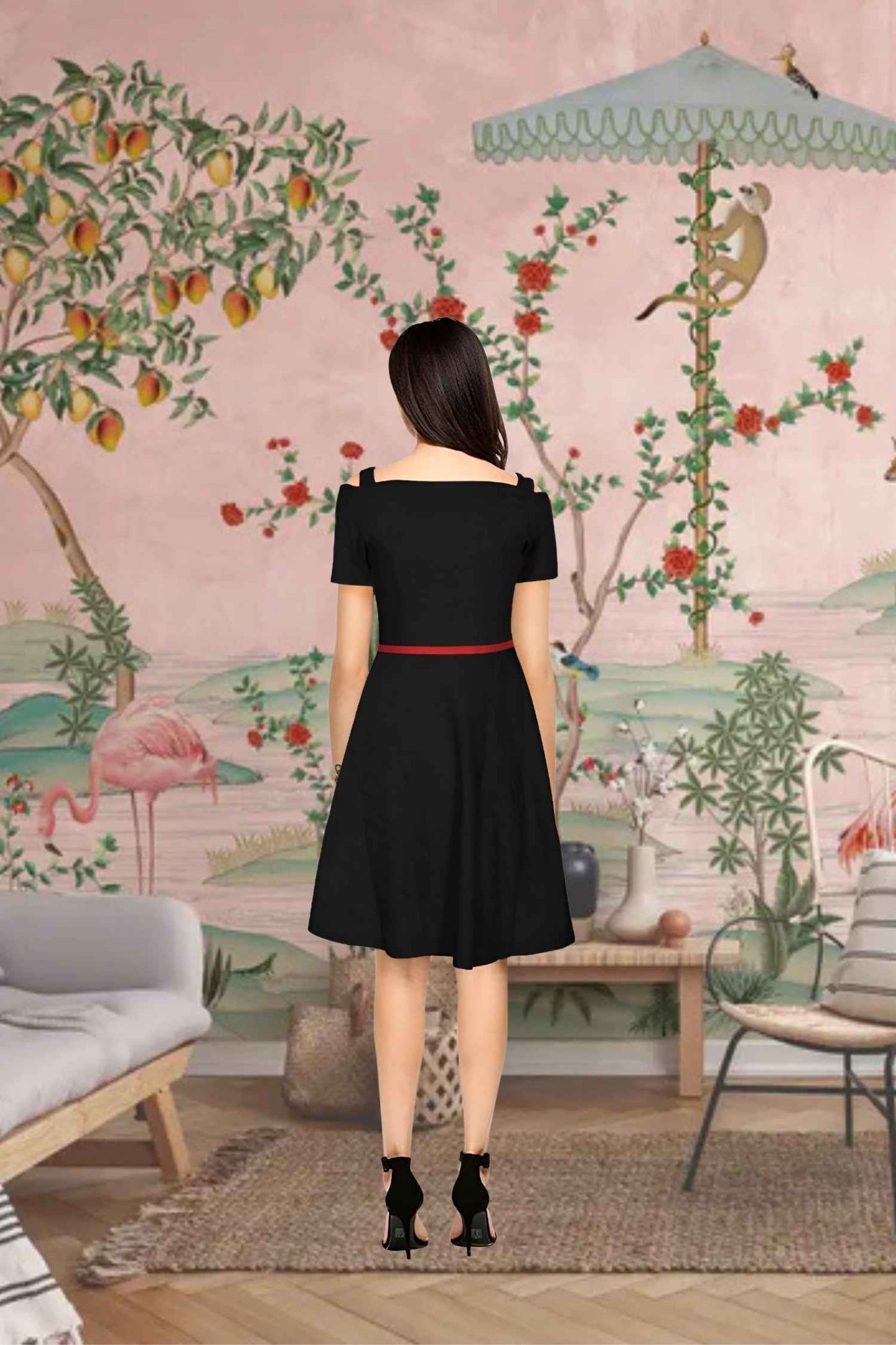 Midnight Afterglow Back View - Black Cap Sleeve Dress