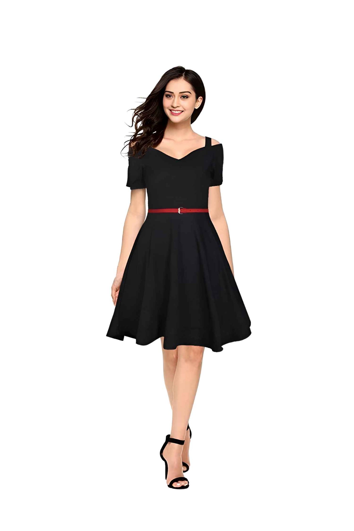 Midnight Afterglow Front View - Black Cap Sleeve Dress No Background