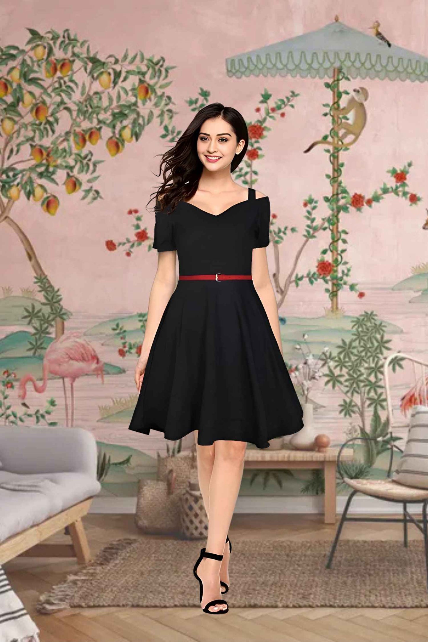 Midnight Afterglow Front View - Black Cap Sleeve Dress