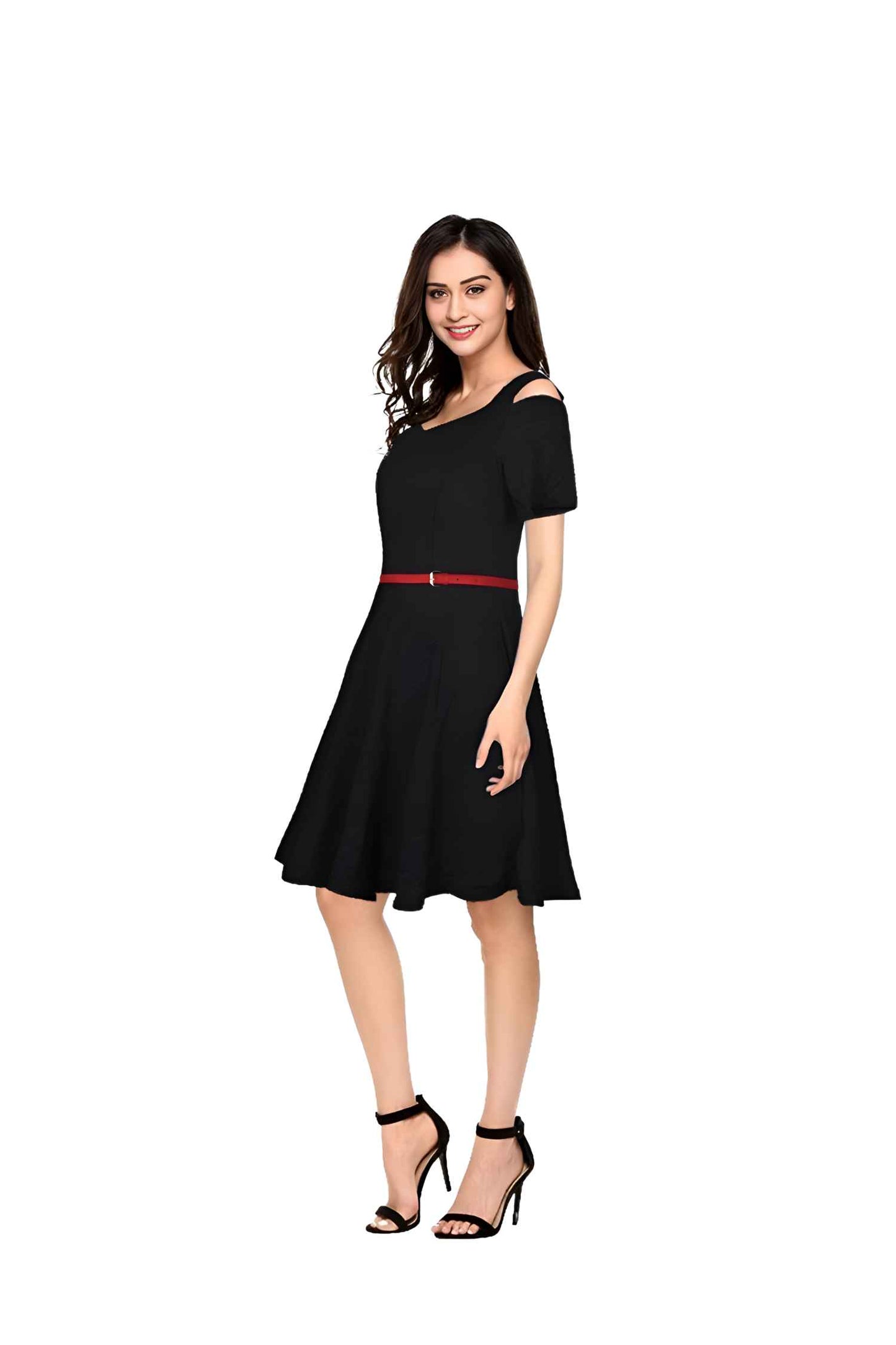 Midnight Afterglow Side View - Black Cap Sleeve Dress No Background