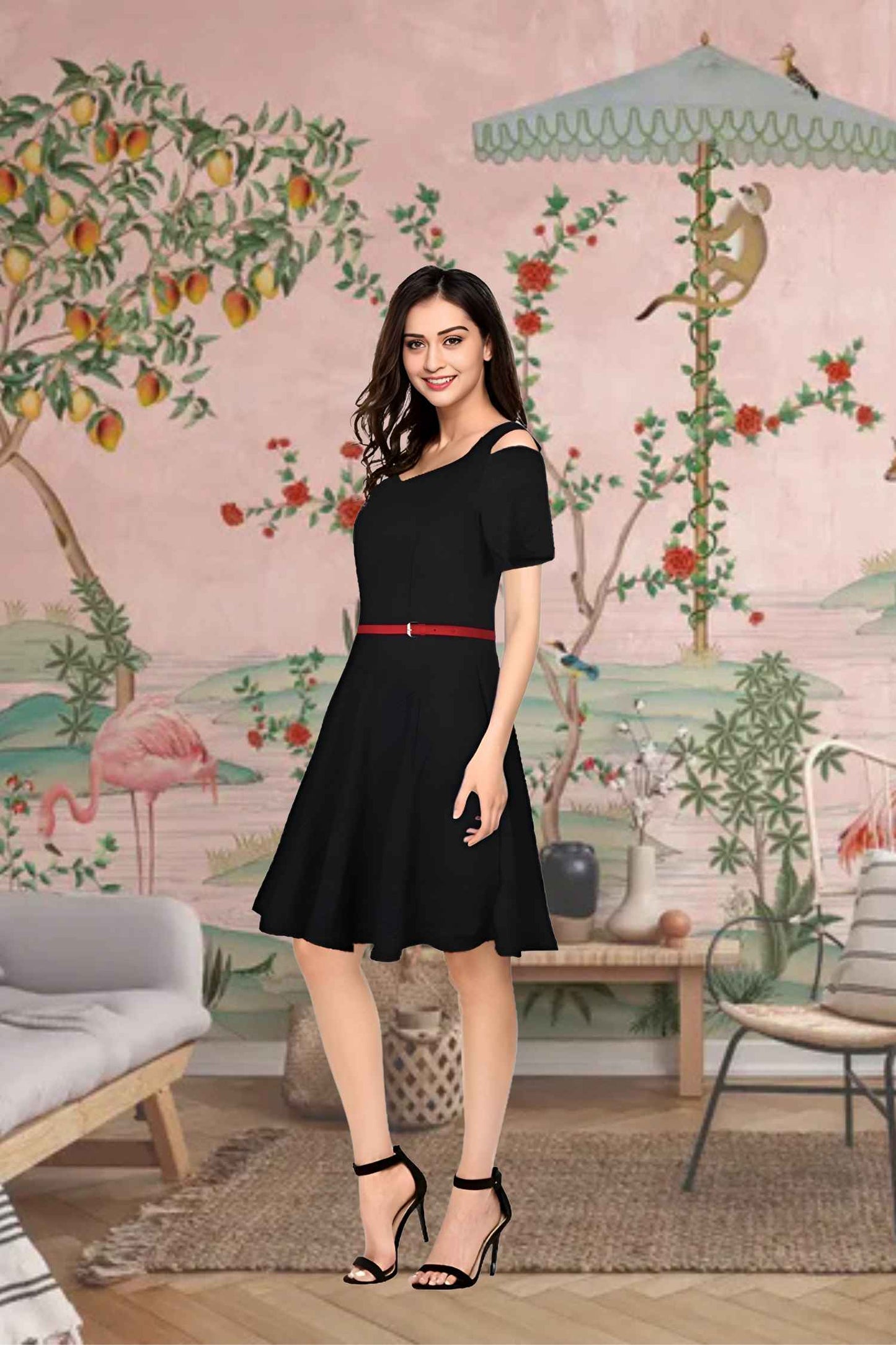 Midnight Afterglow Side View - Black Cap Sleeve Dress