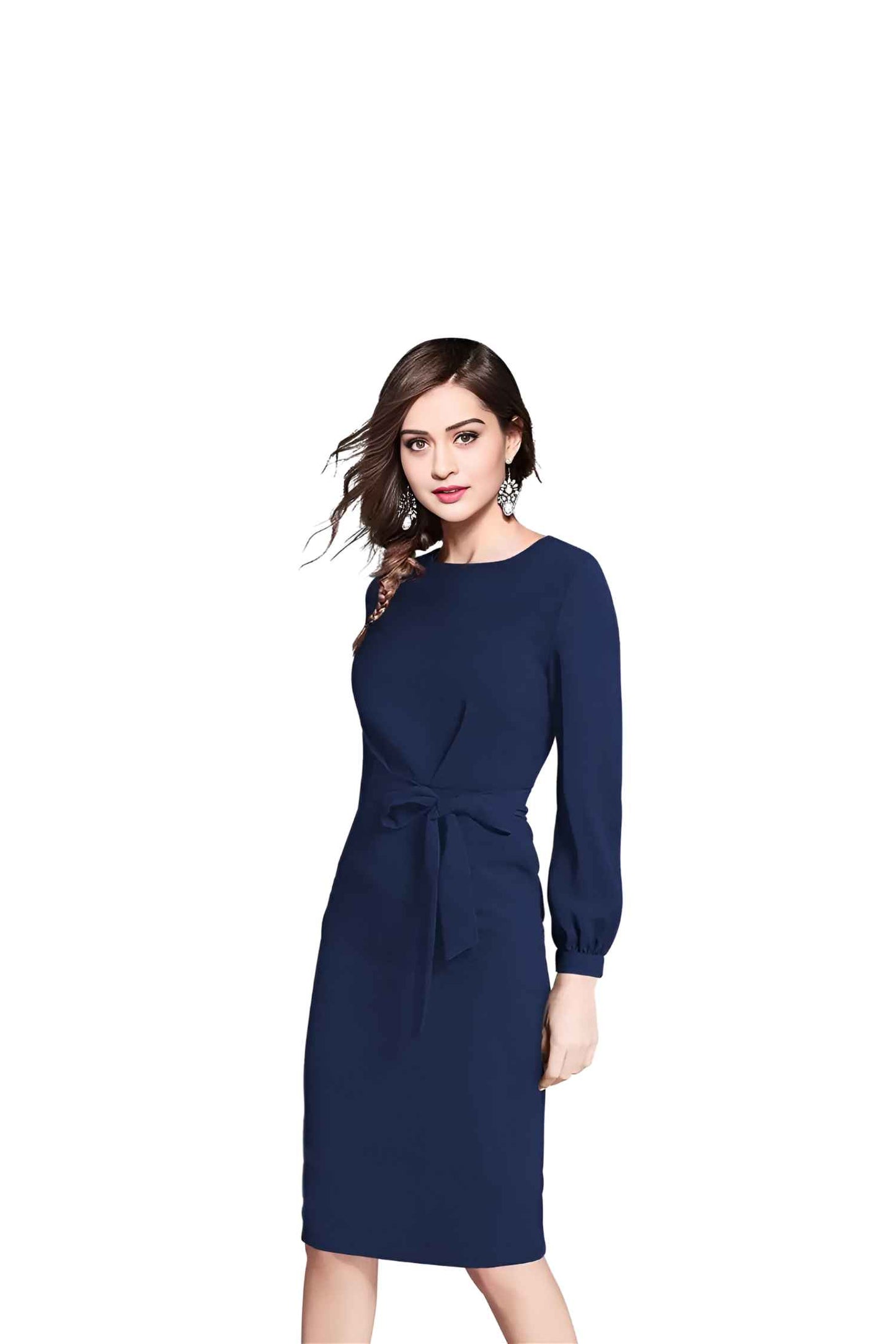 Midnight Tether Angled View - Navy Full Sleeve Dress with Waist Ribbon No Background