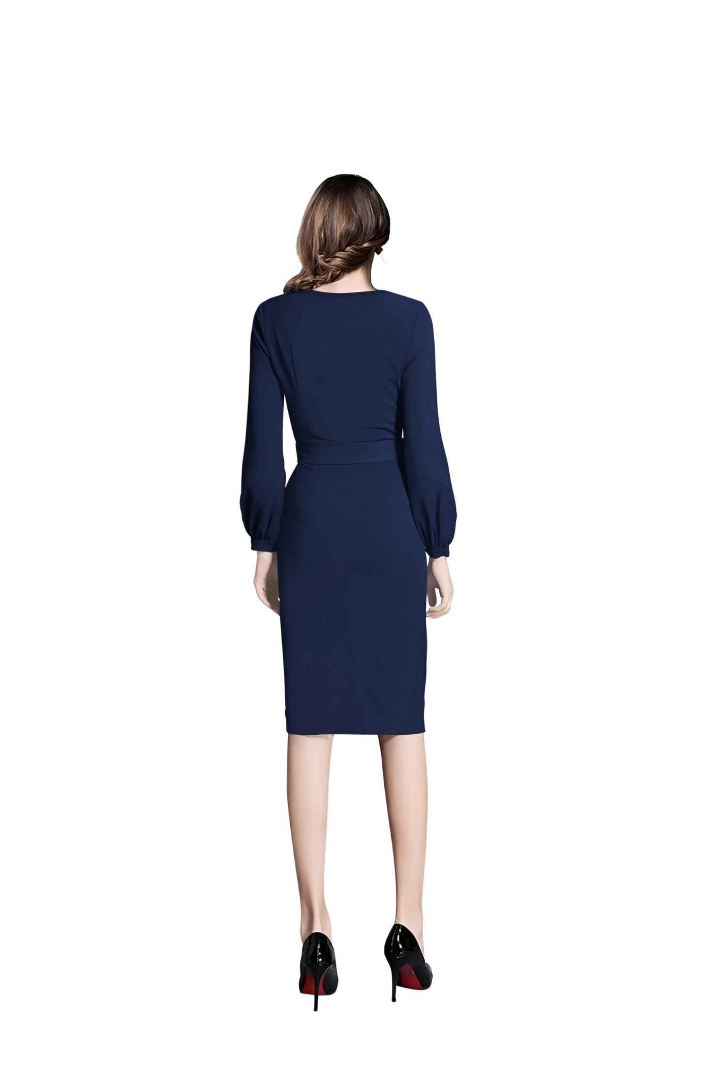 Midnight Tether Back View - Navy Full Sleeve Dress with Waist Ribbon No Background