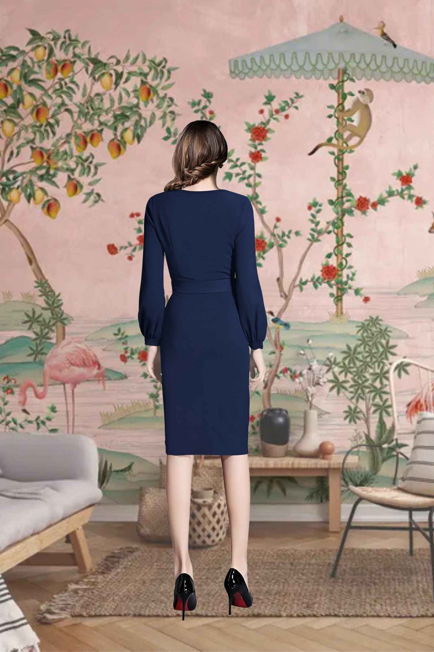 Midnight Tether Back View - Navy Full Sleeve Dress with Waist Ribbon