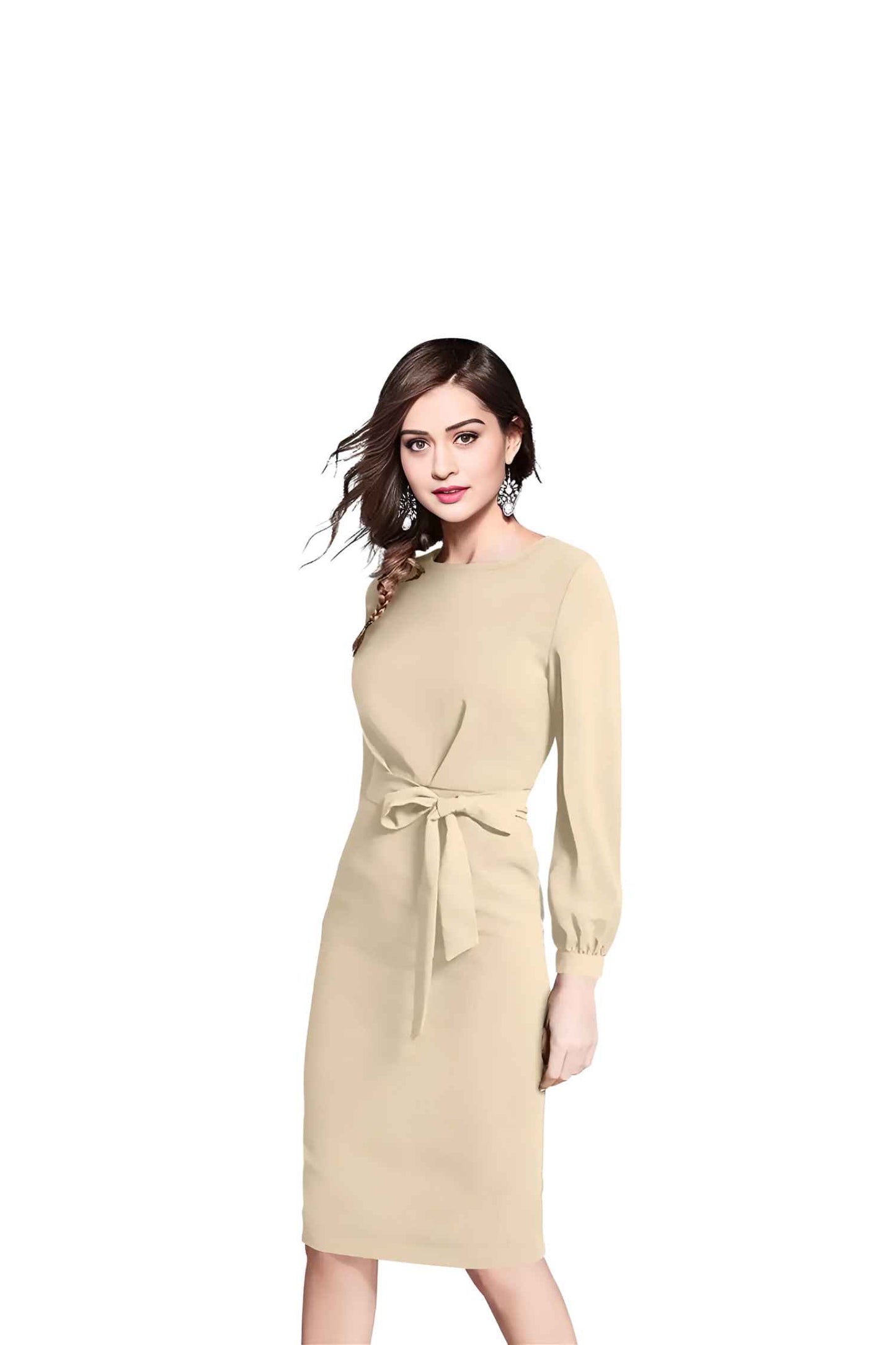 Moonlace Mirage Angled View - Beige Full Sleeve Dress with Waist Ribbon No Background