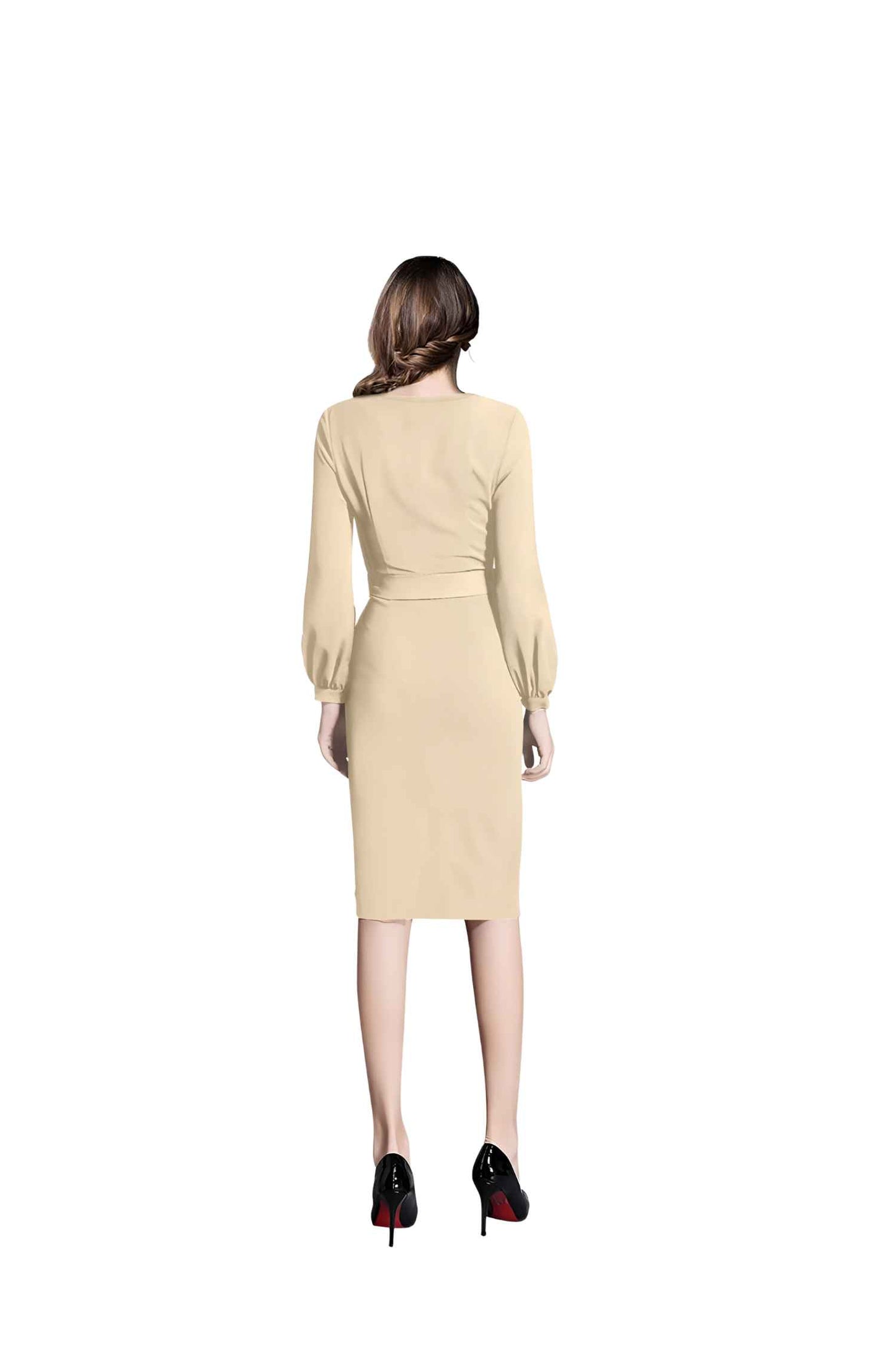 Moonlace Mirage Back View - Beige Full Sleeve Dress with Waist Ribbon No Background