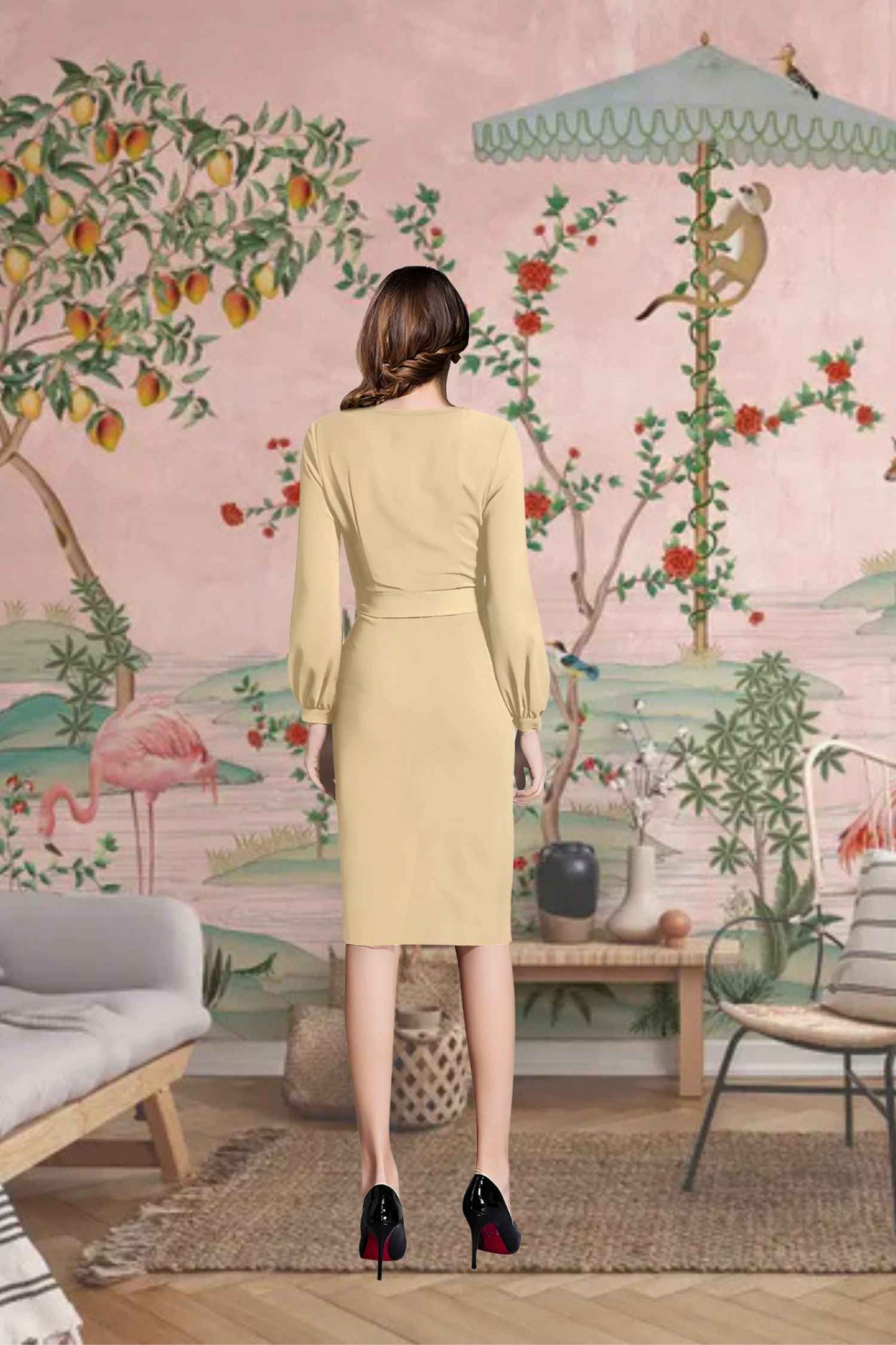 Moonlace Mirage Back View - Beige Full Sleeve Dress with Waist Ribbon