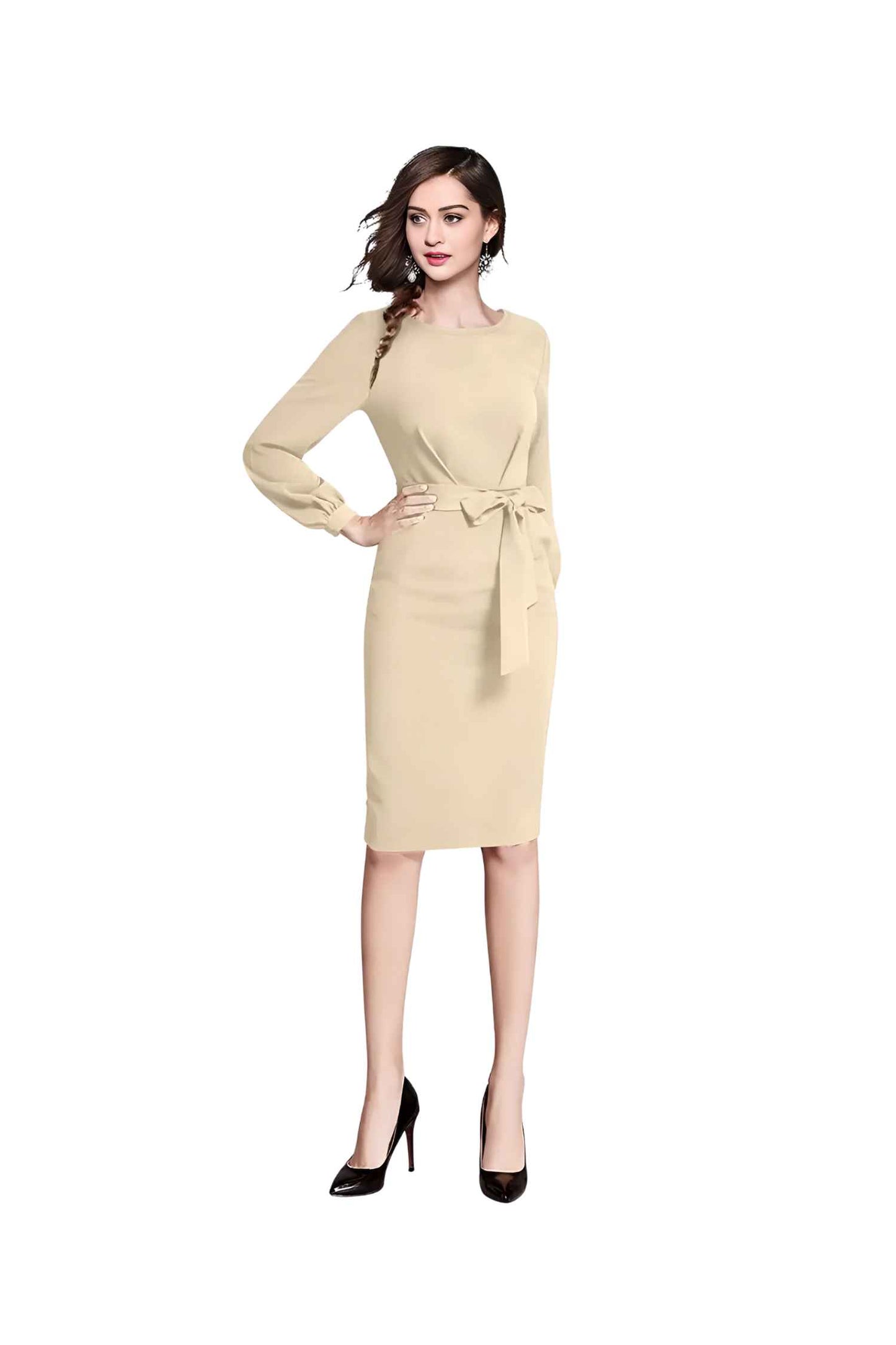 Moonlace Mirage Front View - Beige Full Sleeve Dress with Waist Ribbon No Background