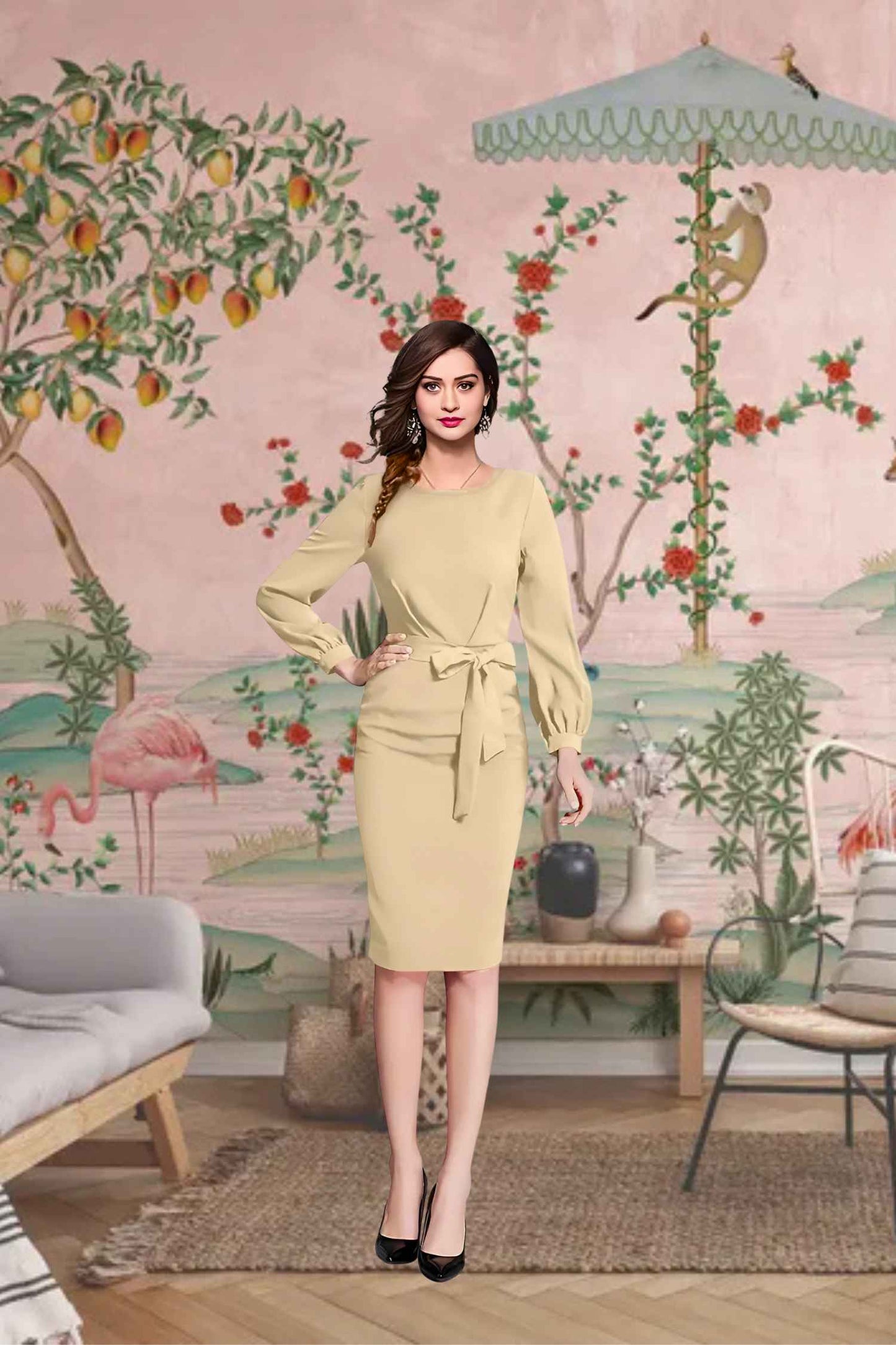 Moonlace Mirage Side View - Beige Full Sleeve Dress with Waist Ribbon