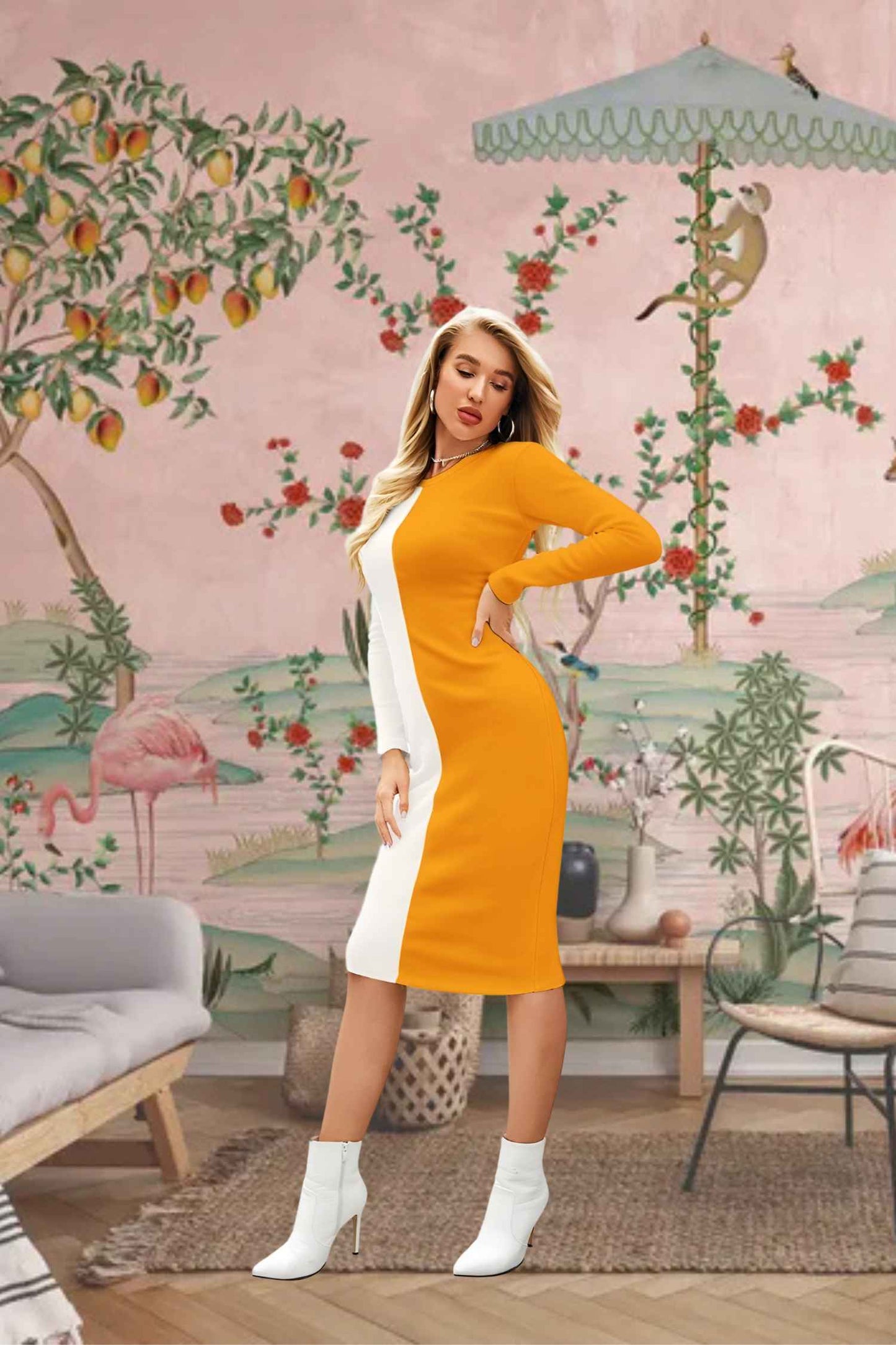 Angled View of Solar Drape - Golden Eclipse Knit Dress