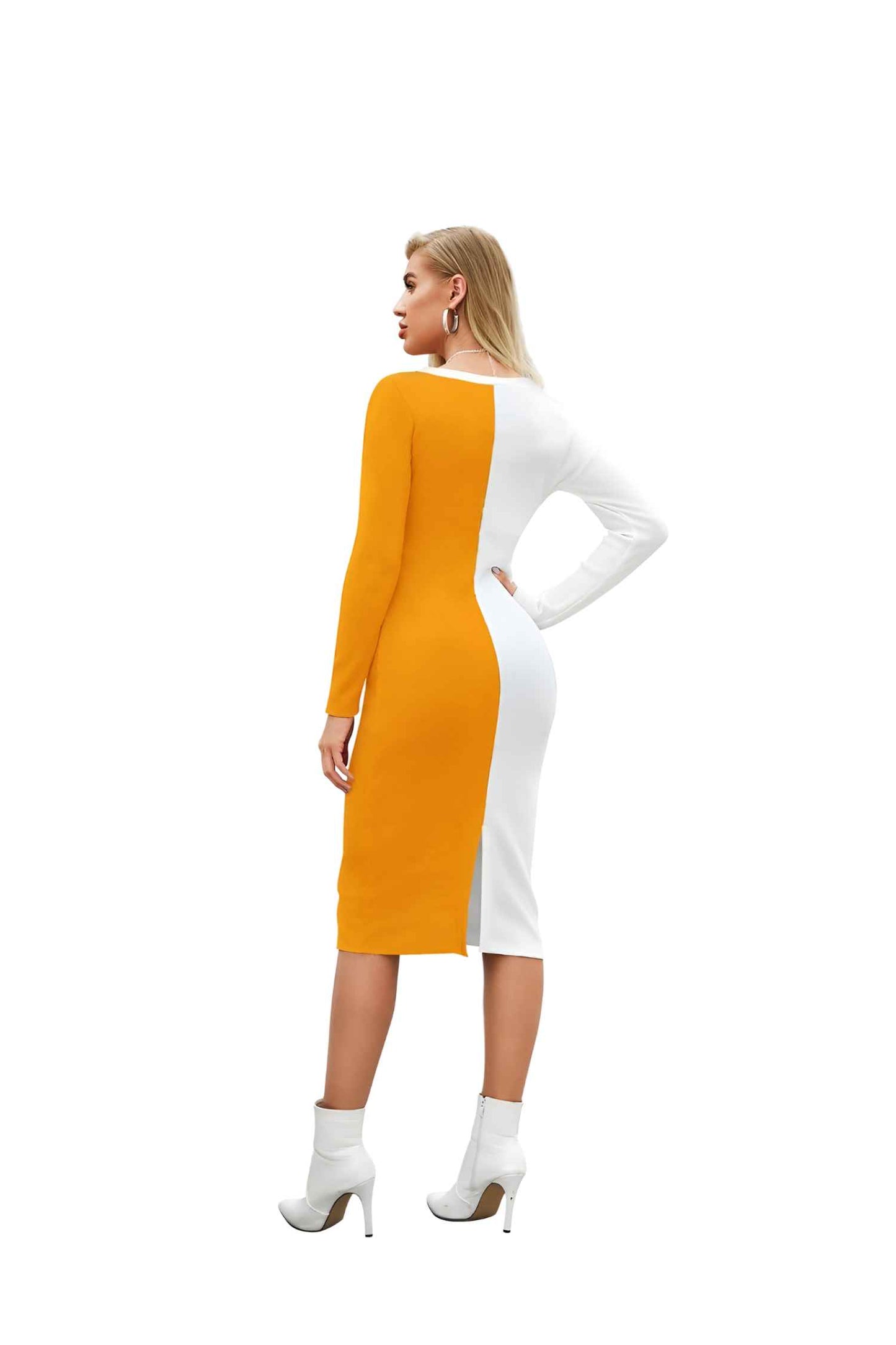 Back View - Yellow and White Full Sleeve Dress Without Background