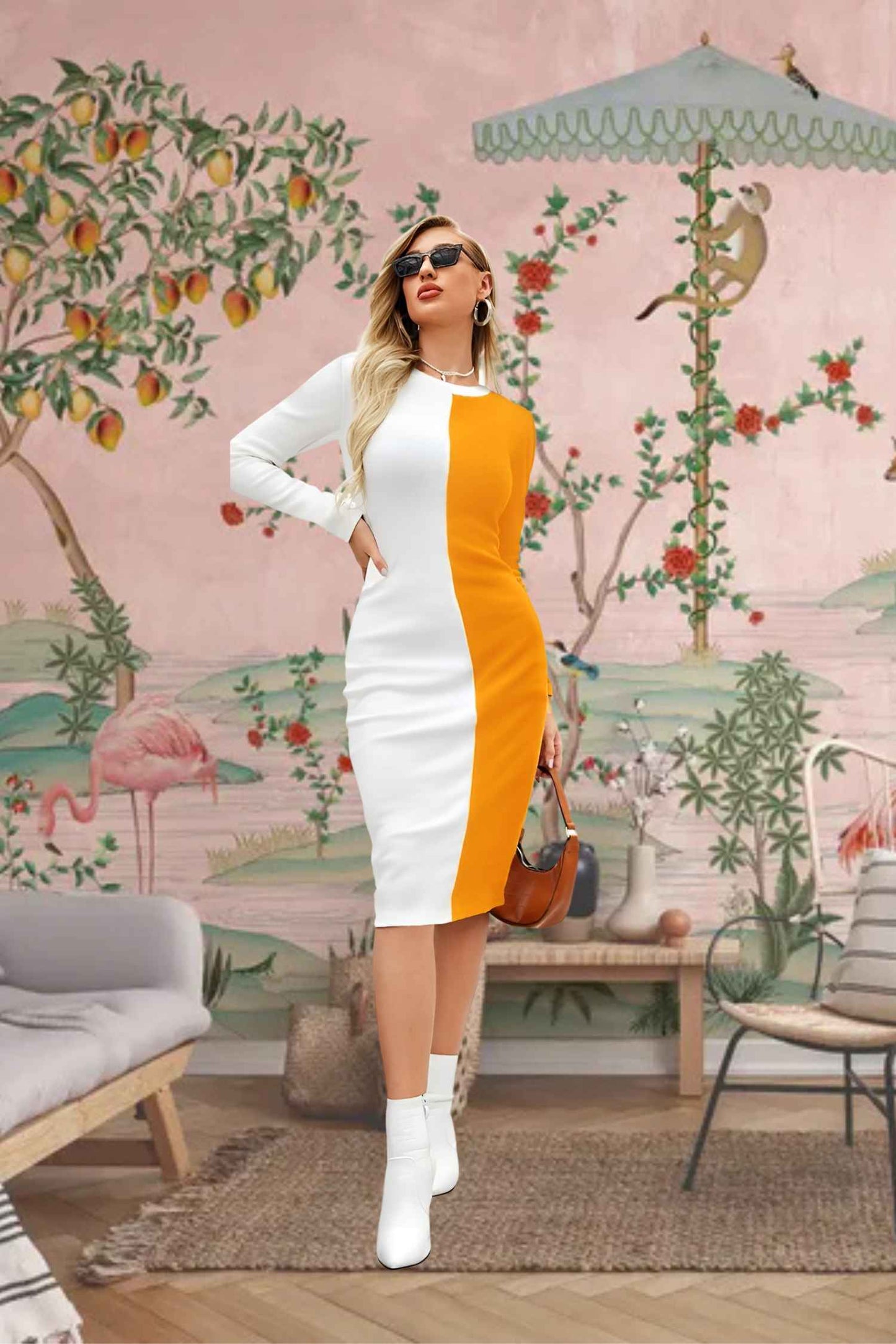 Front View of Solar Drape - Yellow and White Full Sleeve Dress