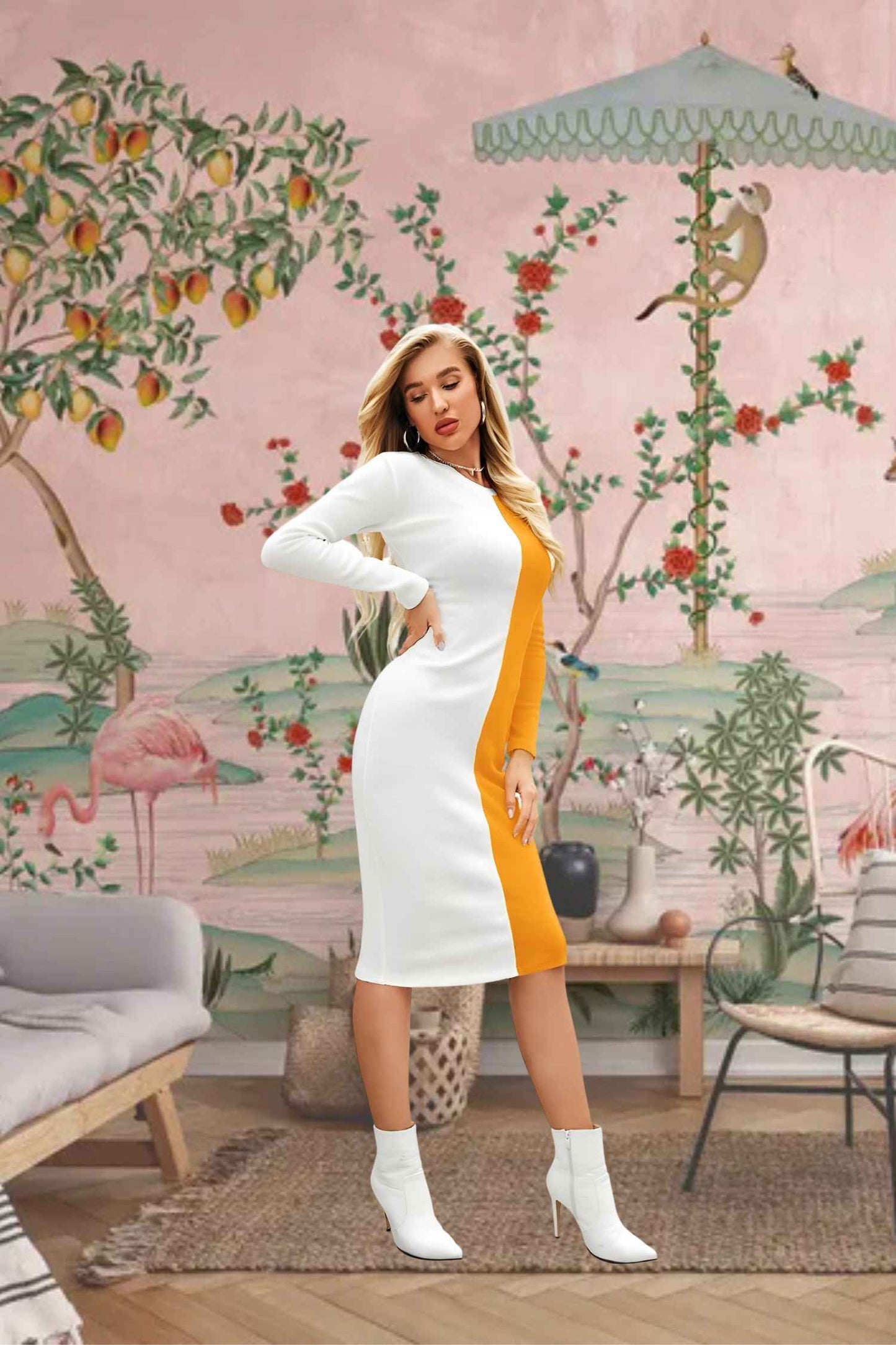 Side View of Solar Drape - Round Neck Yellow White Stretch Dress