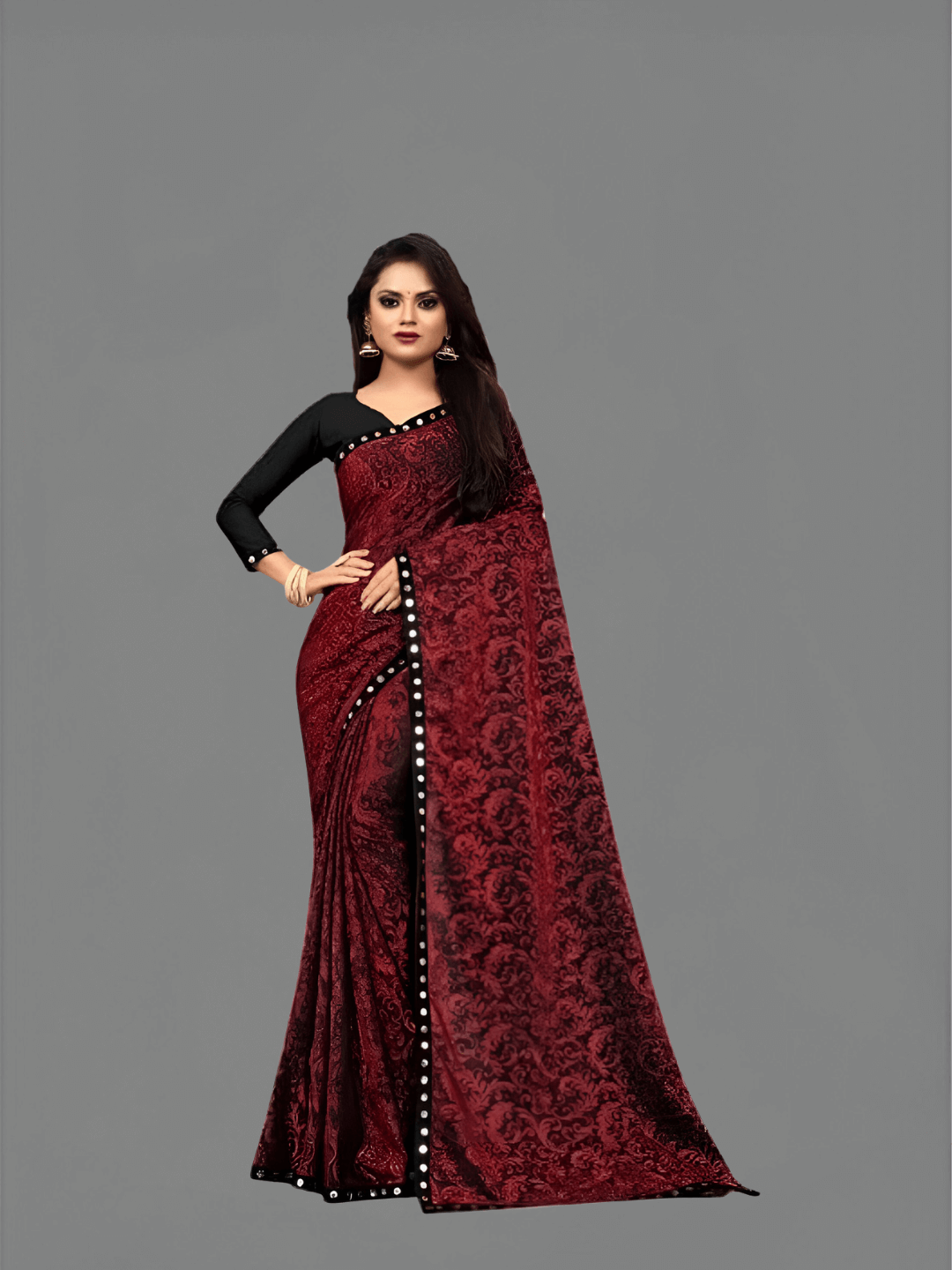 Premium Floral Cutwork Lycra Office Saree – No Ironing, UltraComfort (Maroon)