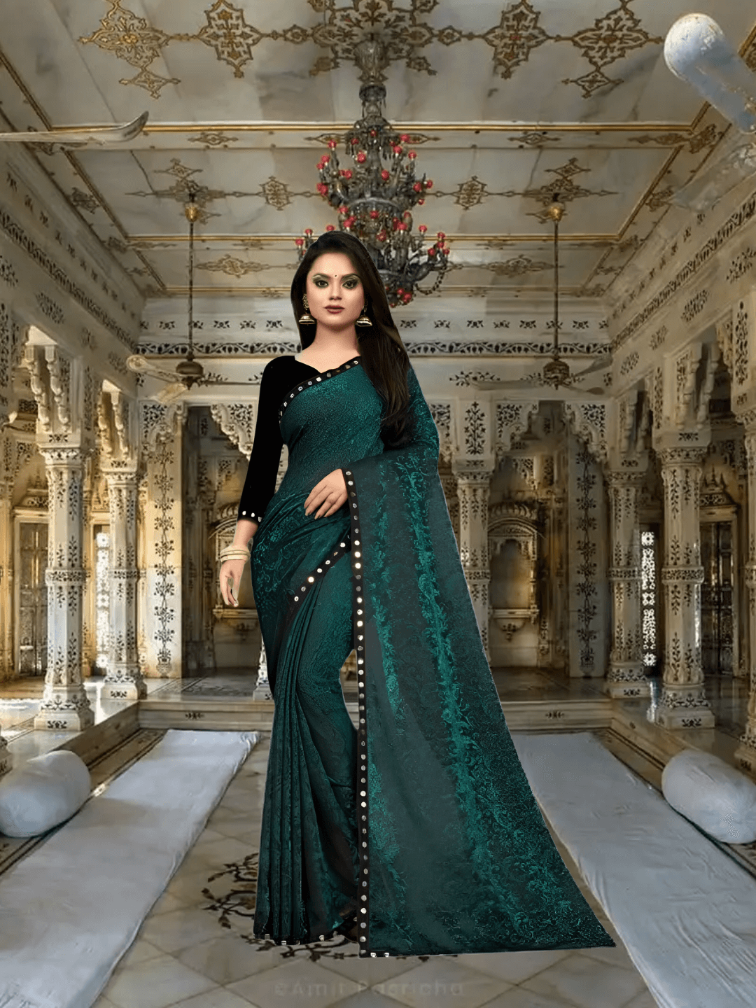 Floral Cutwork Green Lycra Saree - No Ironing Office Wear Ultra Comfort (Emerald)