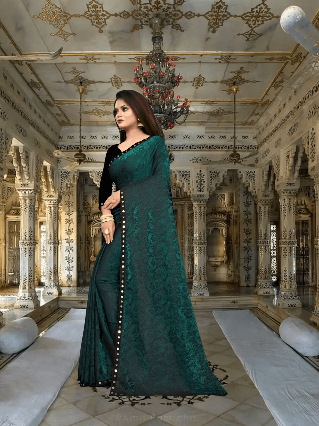 Floral Cutwork Green Lycra Saree - No Ironing Office Wear Ultra Comfort (Emerald)