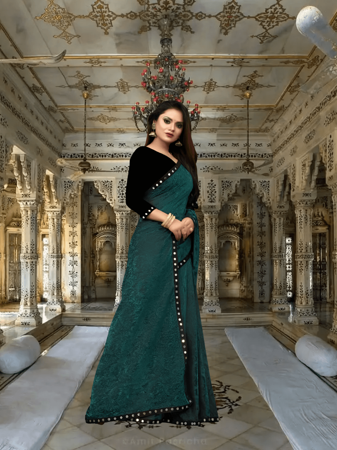 Floral Cutwork Green Lycra Saree - No Ironing Office Wear Ultra Comfort (Emerald)