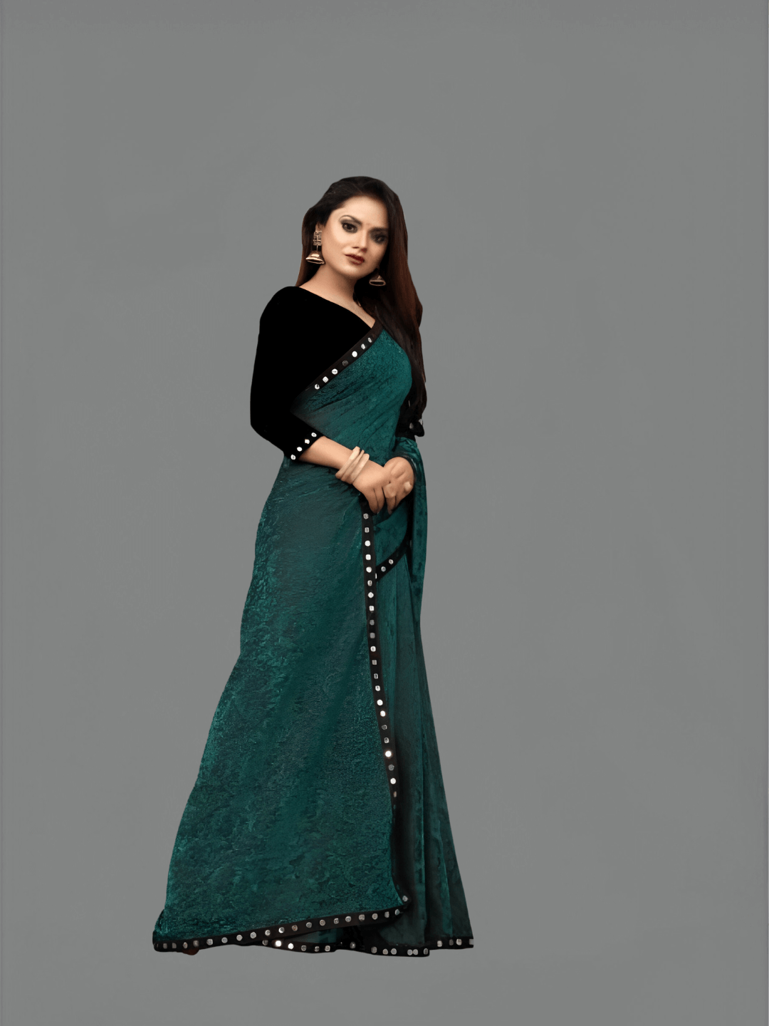 Floral Cutwork Green Lycra Saree - No Ironing Office Wear Ultra Comfort (Emerald)
