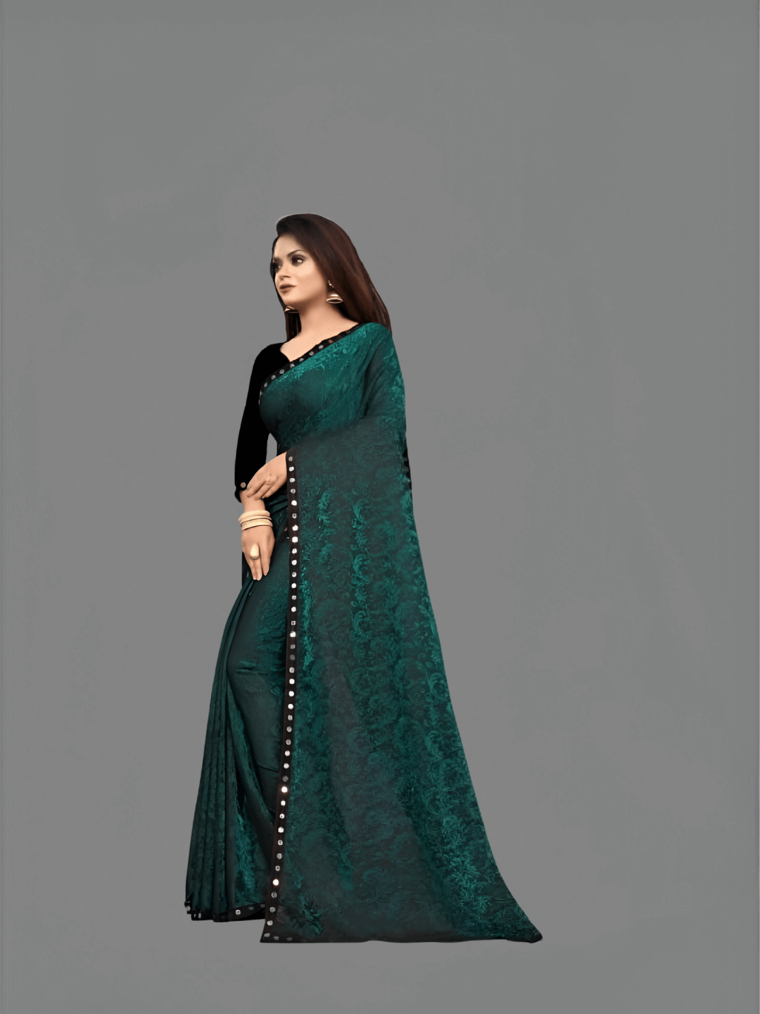 Floral Cutwork Green Lycra Saree - No Ironing Office Wear Ultra Comfort (Emerald)