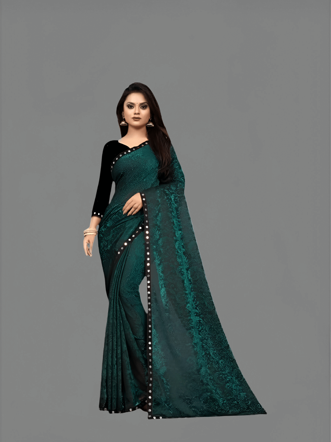 Floral Cutwork Green Lycra Saree - No Ironing Office Wear Ultra Comfort (Emerald)