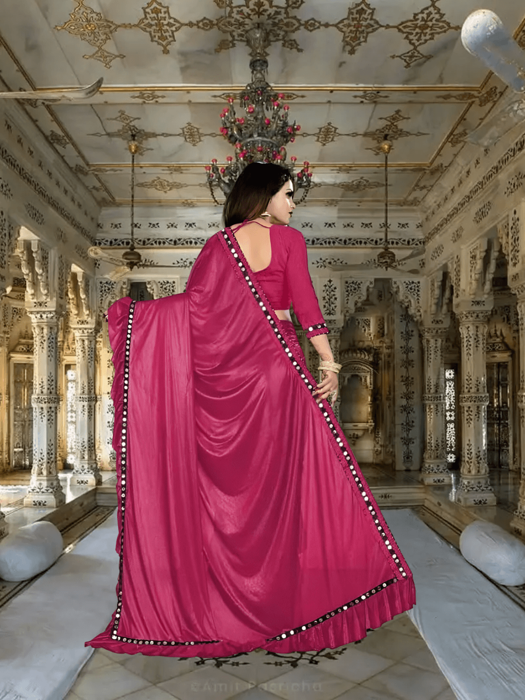 "Electric Pink" Lycra Saree – Office and Party Wear "Fuchsia Flush"