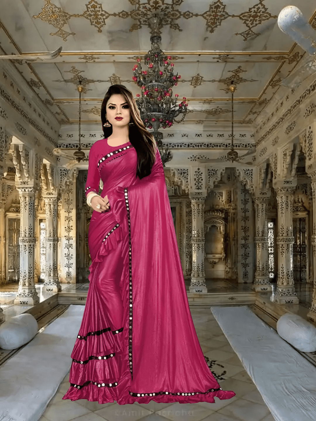 "Electric Pink" Lycra Saree – Office and Party Wear "Fuchsia Flush"