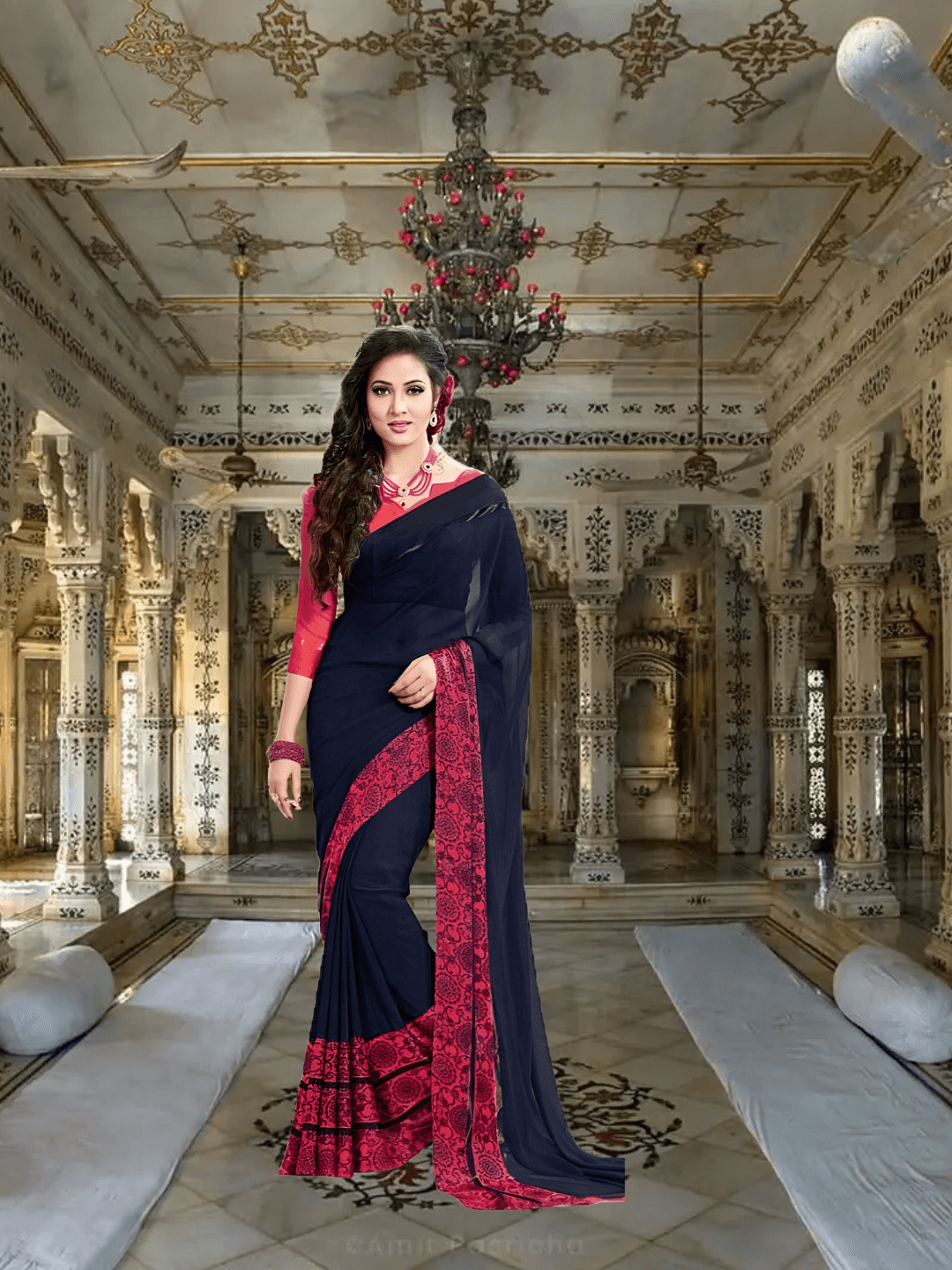 “Twilight Tryst” – Navy Blue & Pink Digital Printed Saree