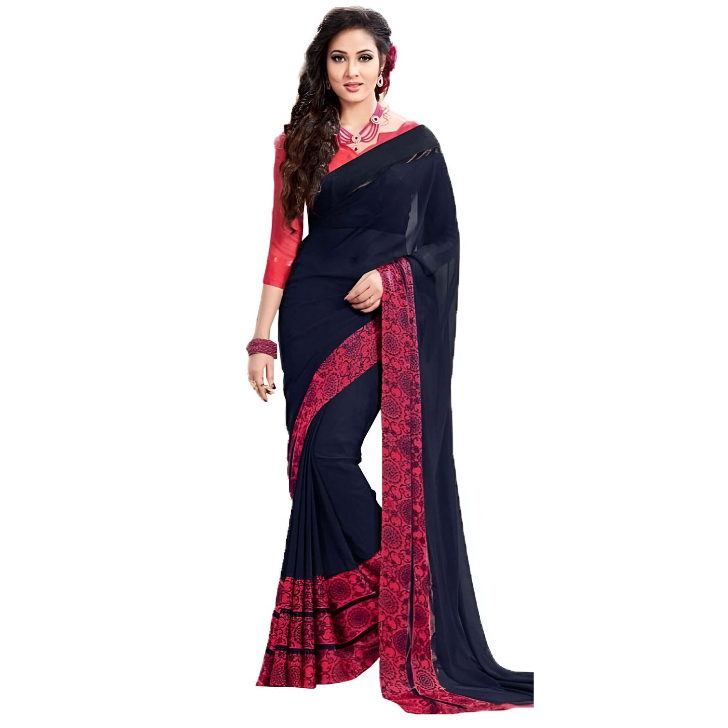 “Twilight Tryst” – Navy Blue & Pink Digital Printed Saree