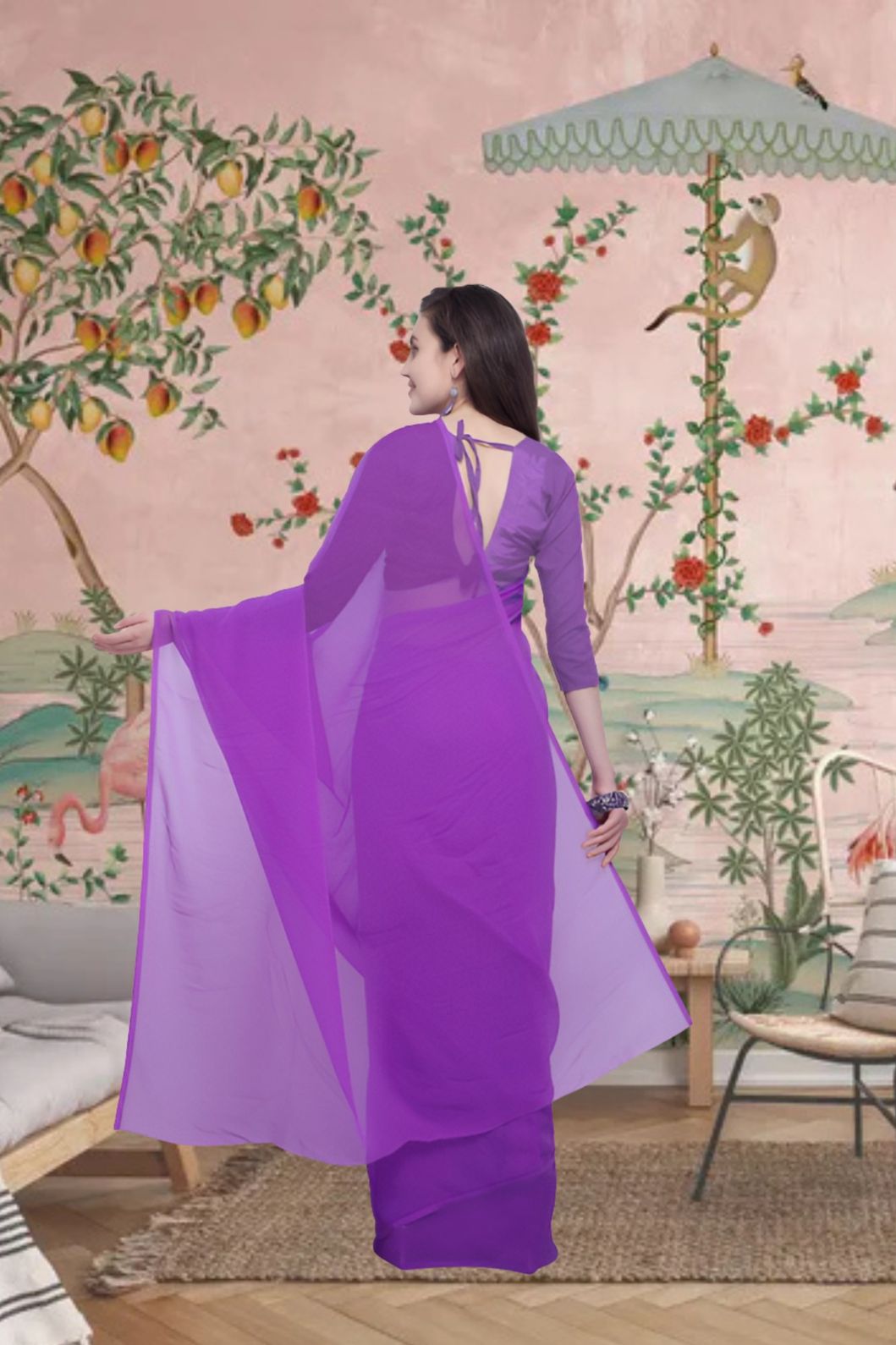 Back view showcasing pallu flow in twilight tones