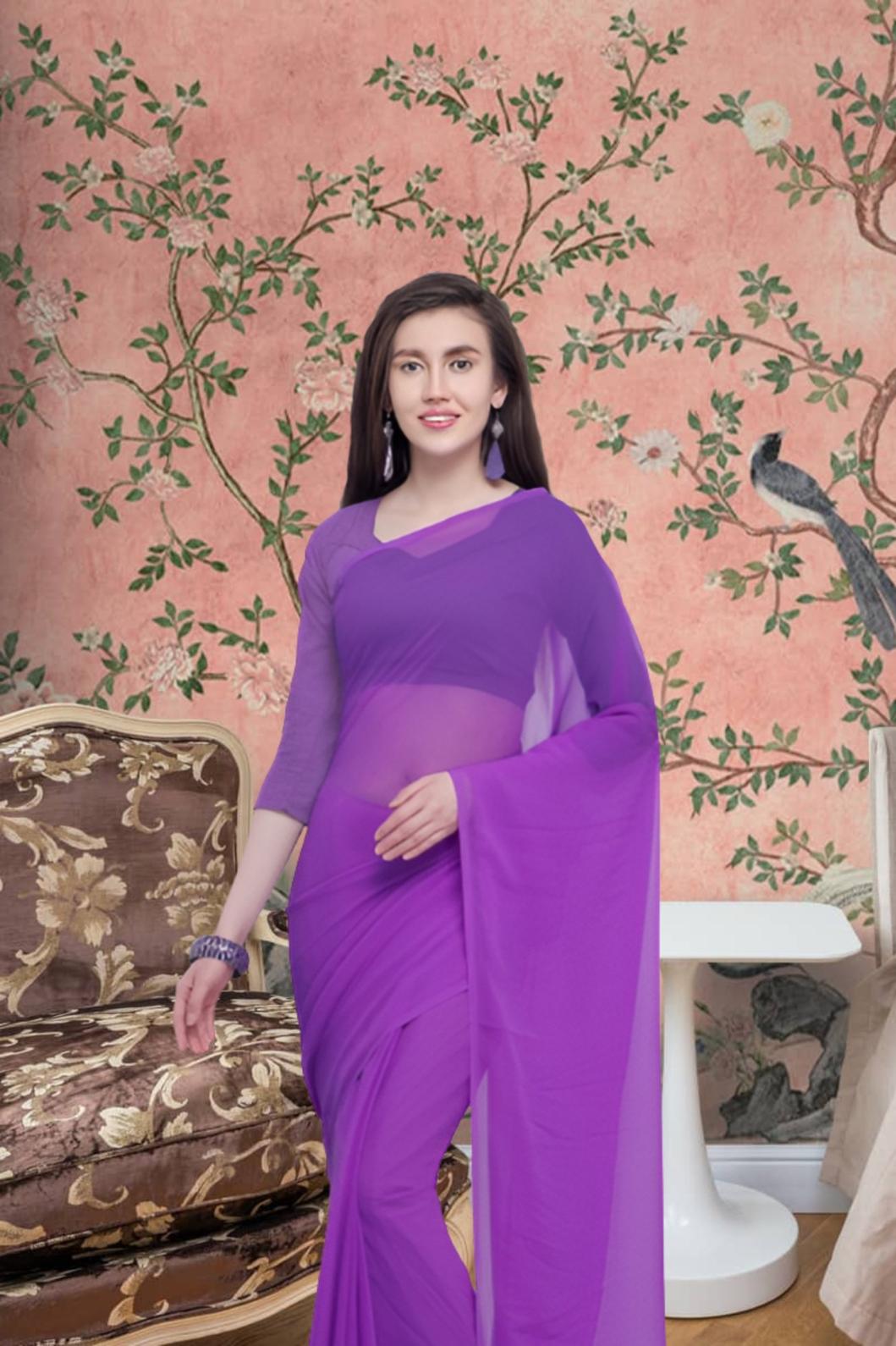 Front view of deep purple solid saree in majestic setting