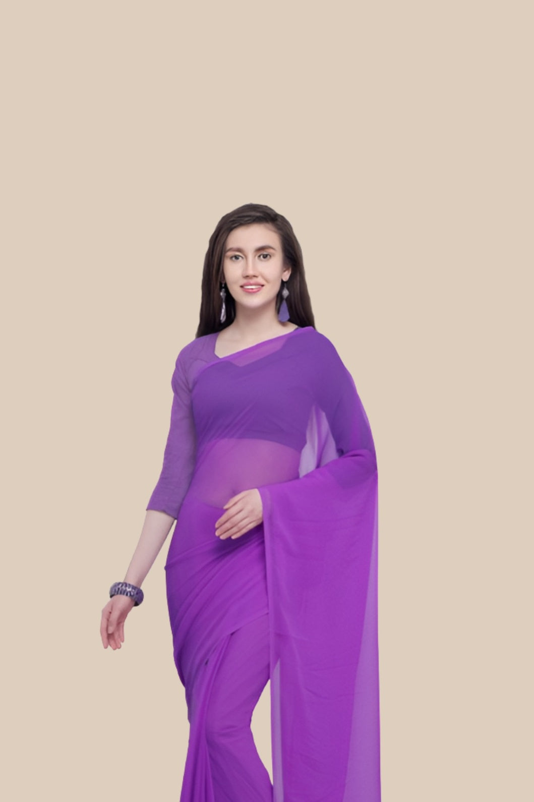 Studio front shot of solid-dyed purple saree