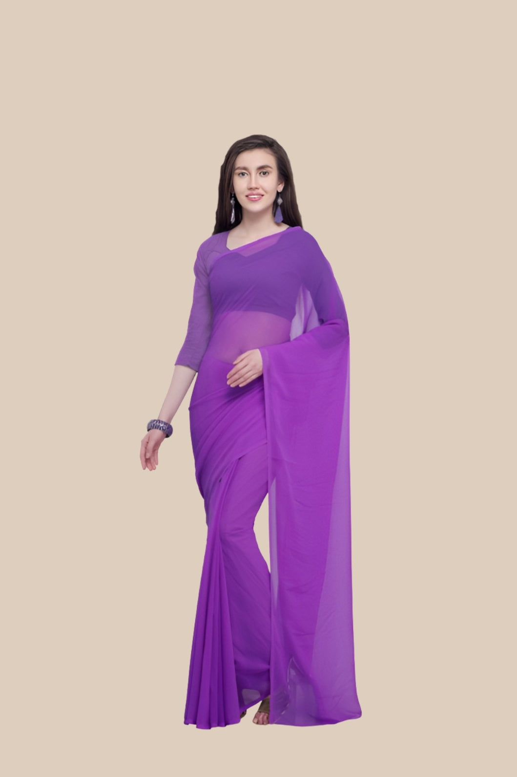 Studio front shot of solid-dyed purple saree