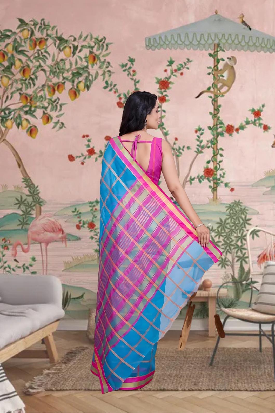 Rear profile with flowing pallu and subtle checkered detail