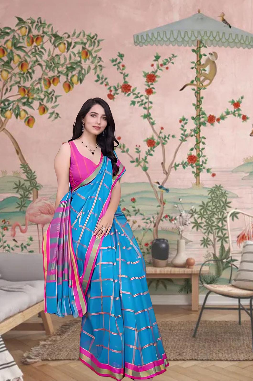 Front view of sky blue saree glowing in heritage palace setting