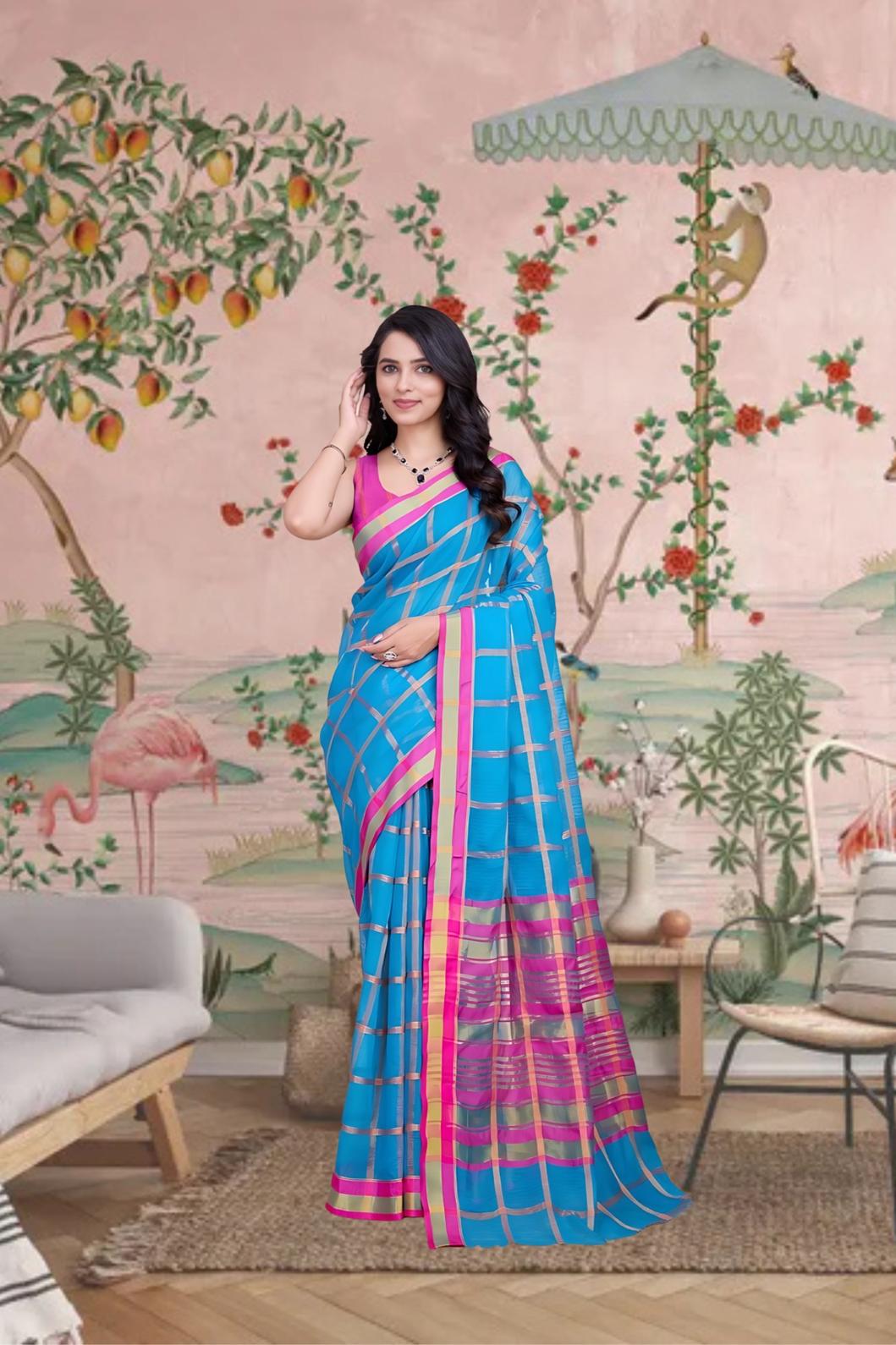 Front view of sky blue saree glowing in heritage palace setting