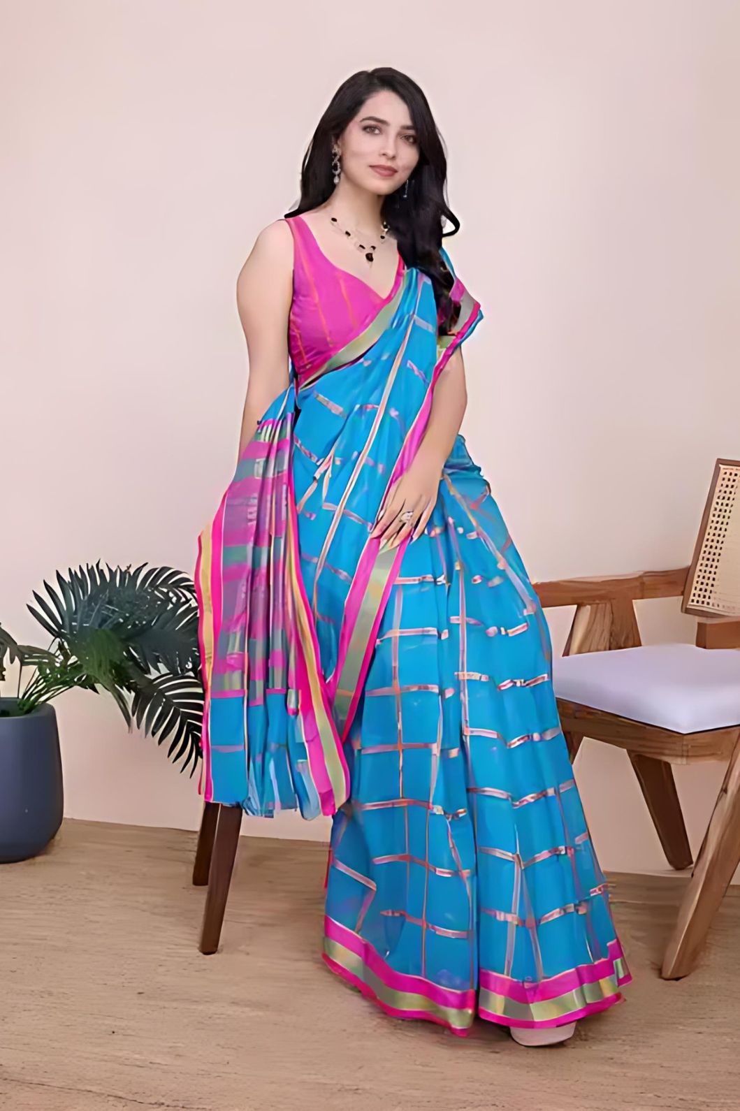 Studio front view showing entire saree structure and color balance