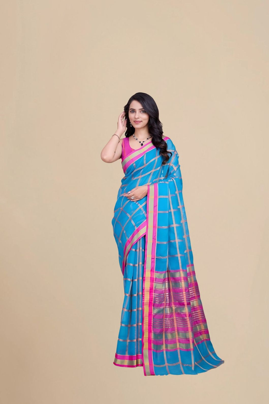 Studio front view showing entire saree structure and color balance