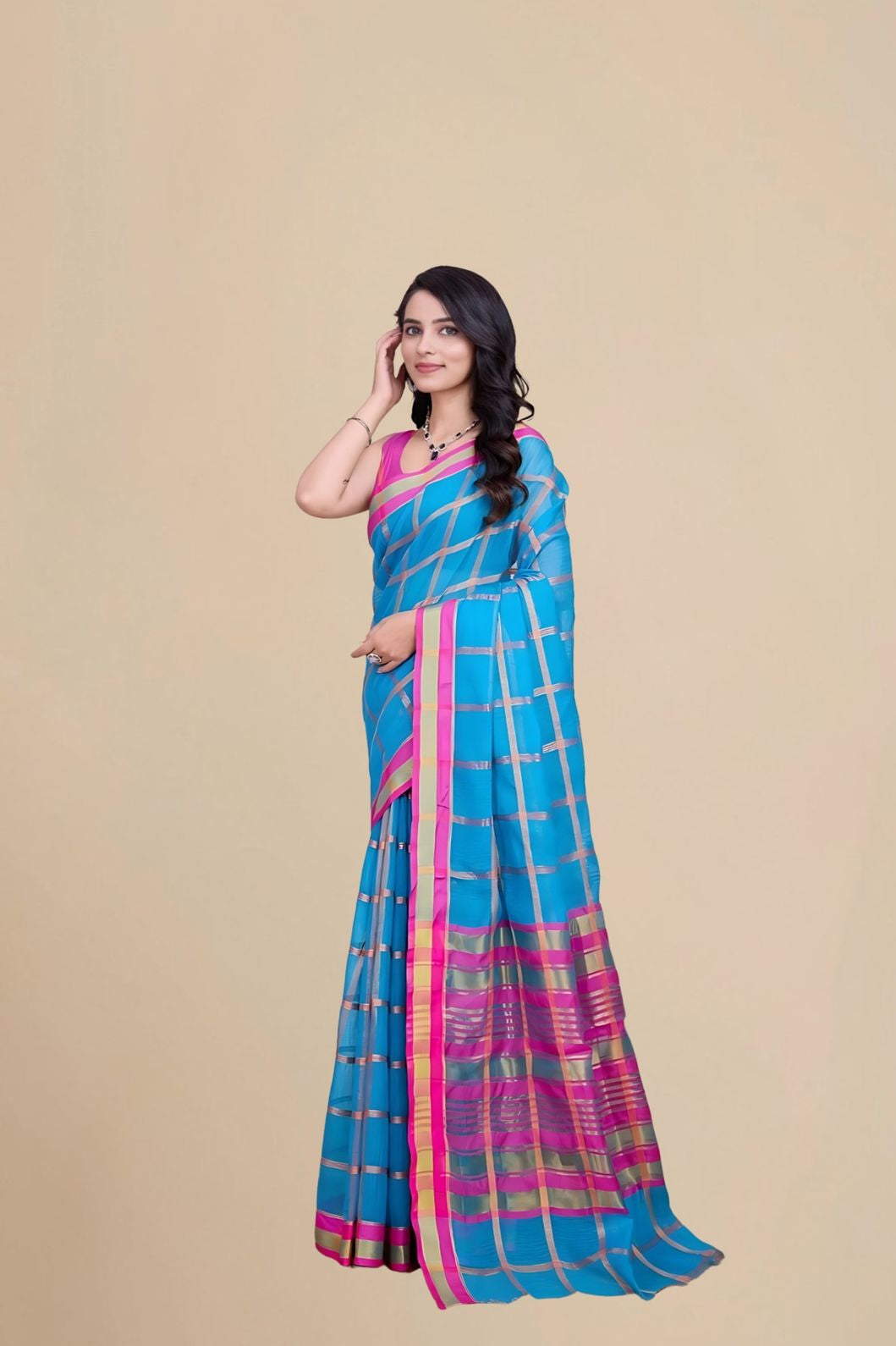 Left profile in studio lighting focusing on pleats and checks