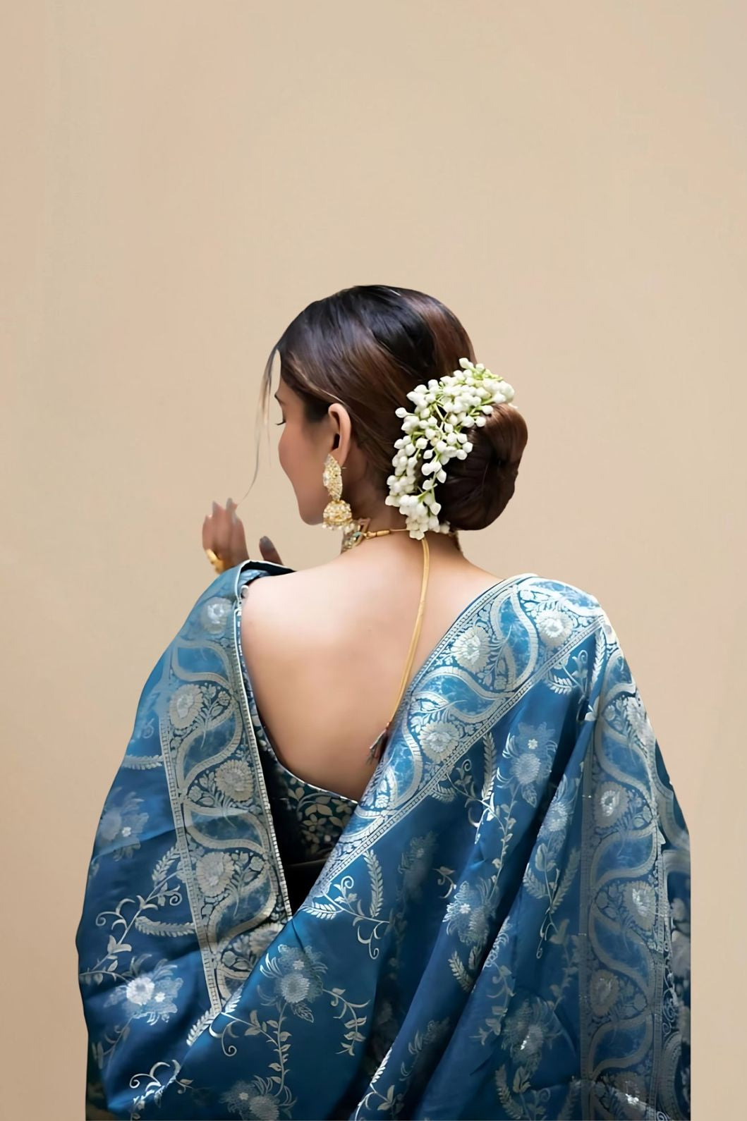 Back studio view displaying elegant pallu fall and blouse match
