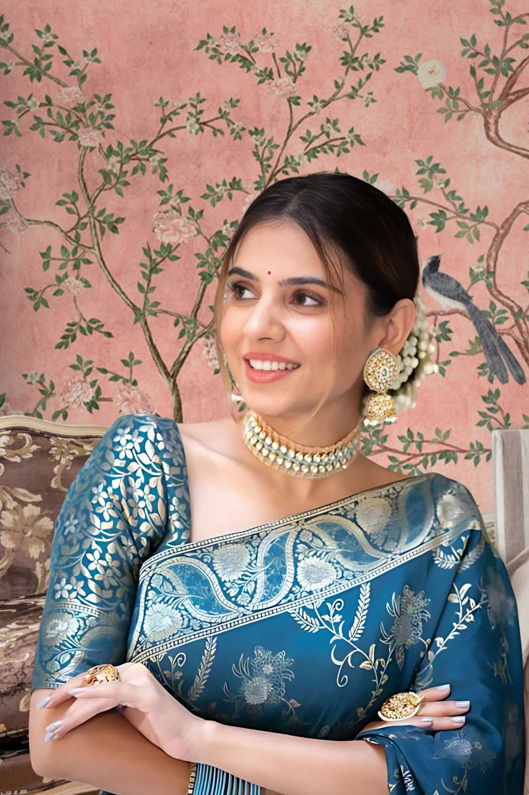 Front view showing Rama green silk saree glowing in palace lights